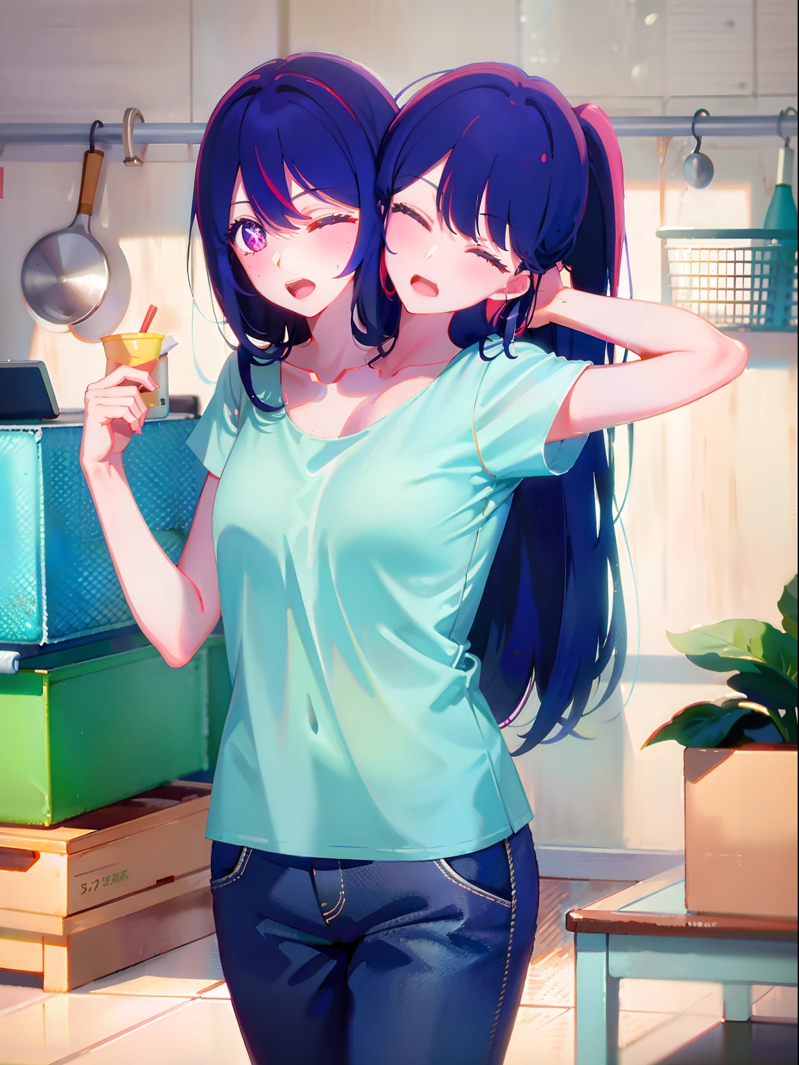 (masterpiece, best quality), best resolution, (2heads:1.5), 1girl, hoshino ai character, weary, headache, hangover, one head kissing another, heads tilted in towards each other, in pain, dizzy, extremely long purple hair, hair reaching the floor, hair wider than body, hair underdye, purple eyes, one eye closed, all other eyes open, open mouth, light blue t-shirt, tan pants, hand on forehead, apartment kitchen