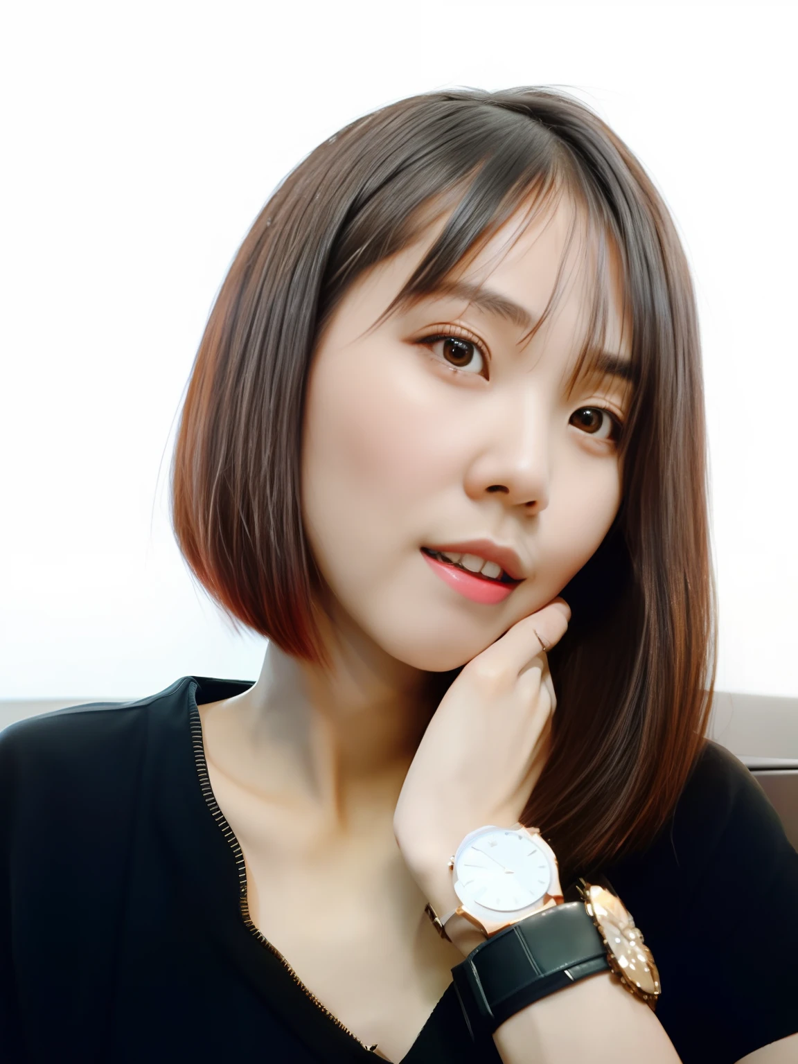 There was a woman wearing a black shirt and a watch on her wrist., Short Hair Hair, girl cute-fine-face, Himecut, chiho, young cute wan asian face, 8k selfie photograph, sakimi chan, taken with canon eos 5 d mark iv, Short straight hair, with round face, bob cut, young adorable Korean face