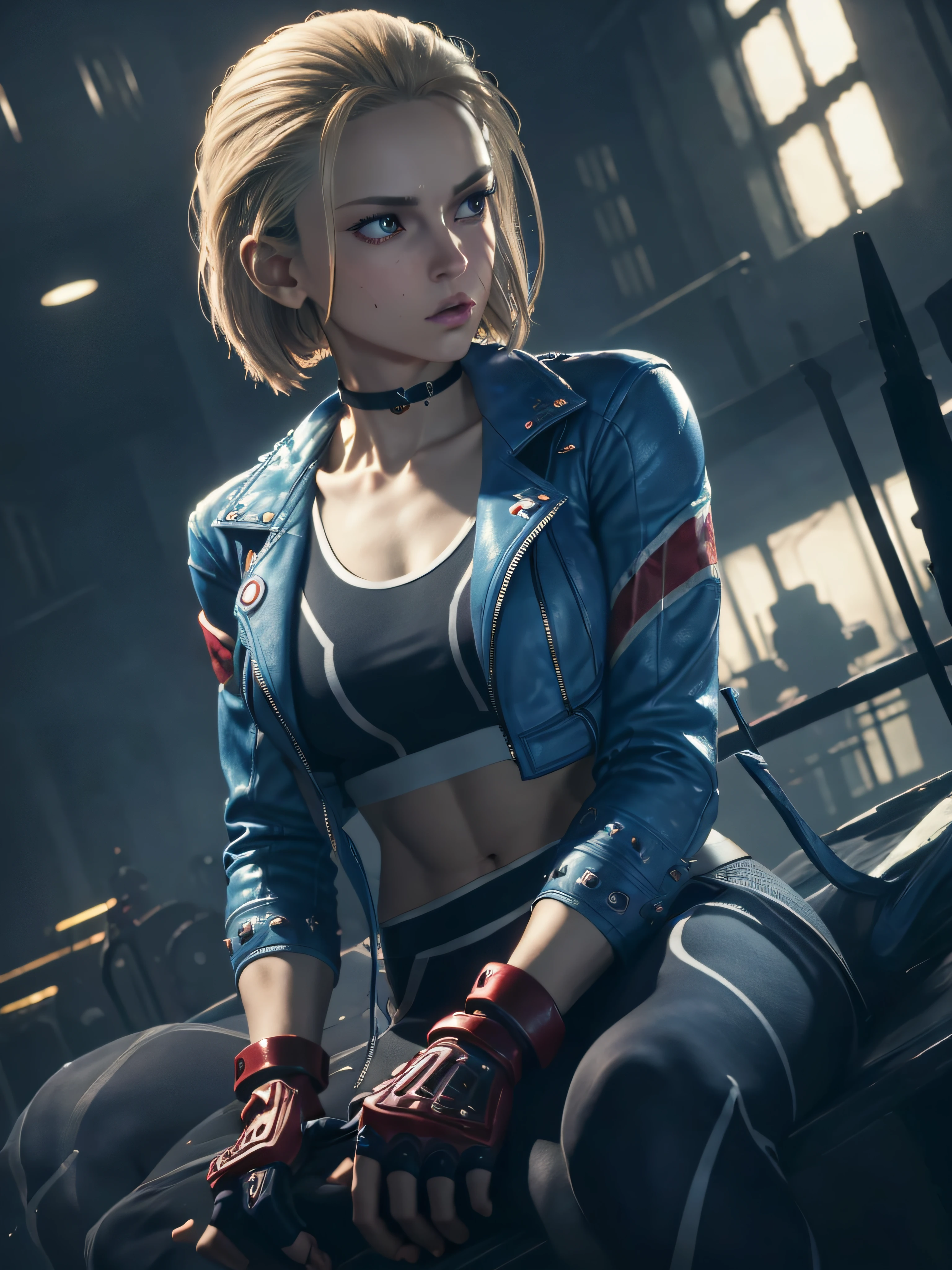 "(exquisitely detailed CG unity 8k wallpaper, masterpiece-quality with stunning realism), (best illumination, best shadow), (best quality), (elegant and demonic style:1.2), (closeup:1) Arti modern anime. angled view, heroic pose, closeup full body portrait medium shot of cammy, navy blue sports bra, light blue open jacket, navy blue yoga pants, red gloves, Abdominal muscle, muscles, (eyes looking at viewer:1.0), abs, depth of field blur effect, night, full zoom, action portrait, photorealistic. cinematic lighting, highly detailed. best quality, 4k, Better hand, perfect anatomy, leaning forward, foreshortening effects, (leaning forward:1) (cute coy flirty sexy expression), foreshortening effect, (piercing eyes:0.8), surrounded by an ominous and dark atmosphere, accentuated by dramatic and striking lighting, imbued with a sense of surreal fantasy", (mature:0.5) (sitting inside MI6 headquarters:1.5) (alone:1.5)