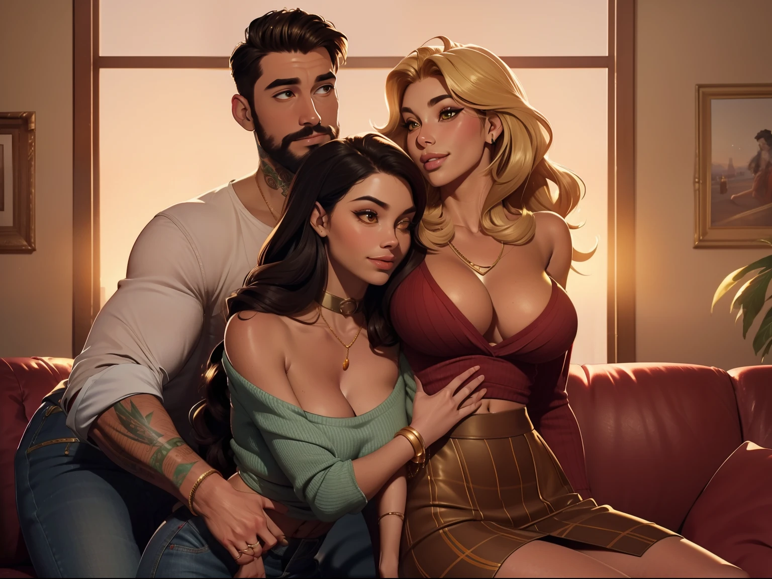 One Handsome Chad hugging three beautiful bitches passionately-tackling him and touching him,  dressed in Christmas-colored sweaters and buttoned-shirts and skirts and jeans, perfect sexy bodies, racially diverse skin tones, women: beautifully-textured long flowing wavy hair, women: clothes revealing cleavage shoulder midriff collar bone, seductive, materials, golden hour, , jewelry, golden hour, photorealistic, masterpiece, in love, grins, perfect faces, Flirtatious, setting: a living room sofa, Christmas decorations, harem, watercolor, cinematic 8k professional photograph with raytracing and subsurface scattering and backlighting, tattoos