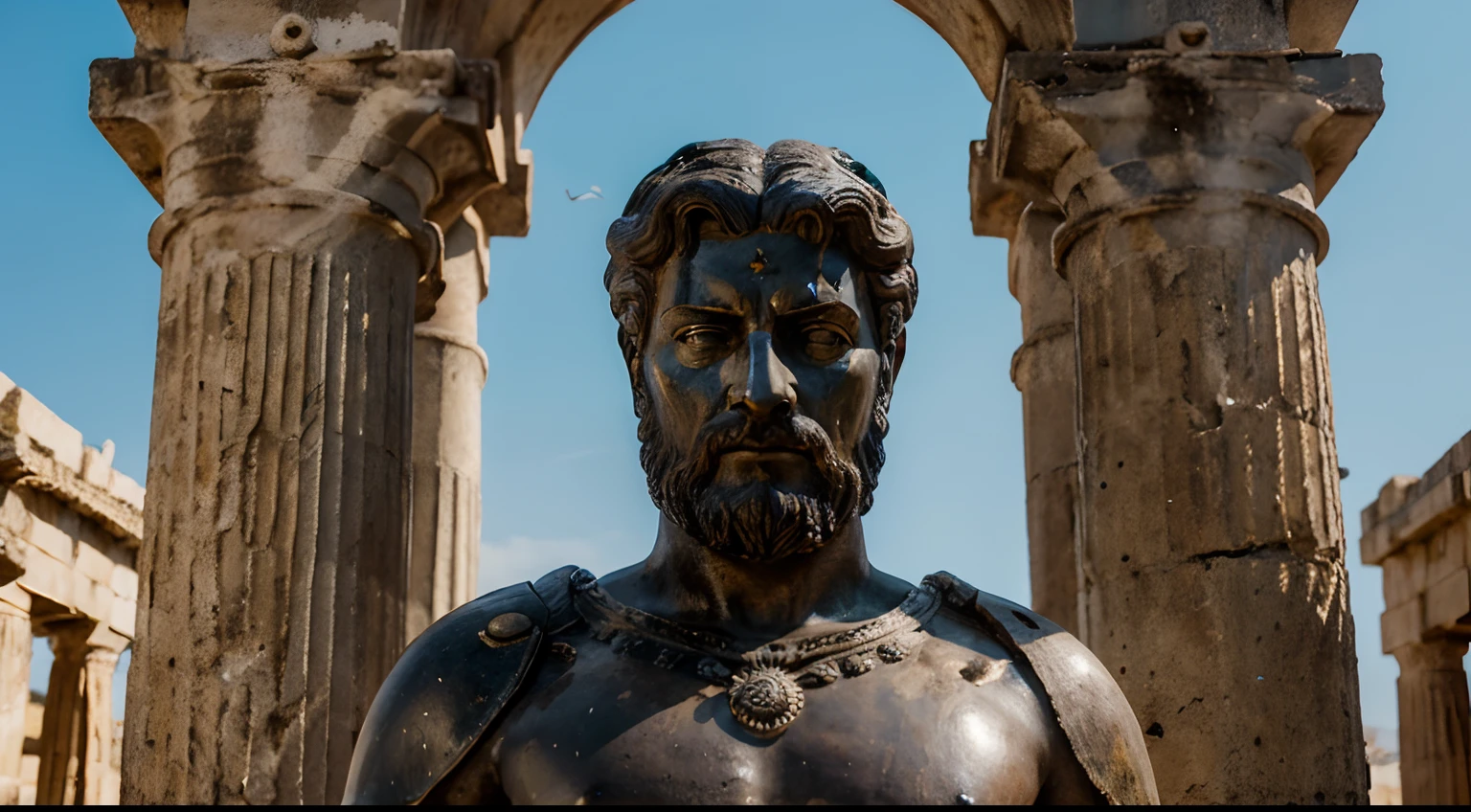 Ancient Stoic Statue With Very Angry Expression, tem barba, muitos detalhes em ambos os olhos, Outside, fundo atenas grego, open sky, com rosto extremamente detalhado full body view, Colors with low saturation with dark tone, Filmado em Sony A7S III com Sony FE 35mm f/1.8, 12.1 MP, --AR 3:2 --estilo cru