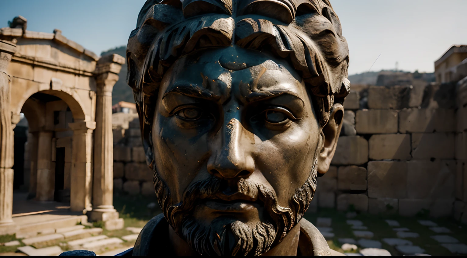 Ancient Stoic Statue With Very Angry Expression, tem barba, muitos detalhes em ambos os olhos, Outside, fundo atenas grego, open sky, com rosto extremamente detalhado full body view, Colors with low saturation with dark tone, Filmado em Sony A7S III com Sony FE 35mm f/1.8, 12.1 MP, --AR 3:2 --estilo cru