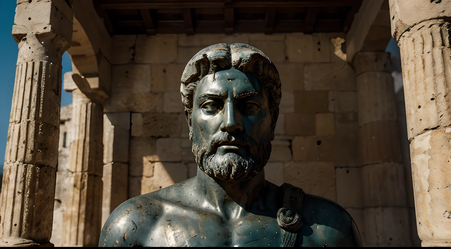 Ancient Stoic Statue With Very Angry Expression, tem barba, muitos detalhes em ambos os olhos, Outside, fundo atenas grego, open sky, com rosto extremamente detalhado full body view, Colors with low saturation with dark tone, Filmado em Sony A7S III com Sony FE 35mm f/1.8, 12.1 MP, --AR 3:2 --estilo cru