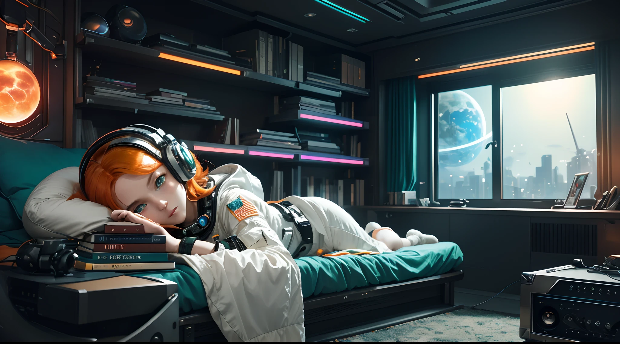 {{masterpiece}}, best quality, extremely detailed CG unity 8k wallpaper, anime style, cinematic lighting, lens flare, dust, colorful light, particles, heterochromia, (colorful:1.5), cinematic, retro futuristic room, bed, shelves full of books, beautiful astronaut girl, ((Lying Down in bed)), ((Hands Behind Head)), listening music with headphones, headphones cable connected to a futuristic music amp, ((orange hair)), ((green eyes)), ((fine freekles)), Desk with computer display faced front and an astronaut helmet and some books, window to the outside with planet earth in the sky, stars, colorful nebula, table with a retro mixer,