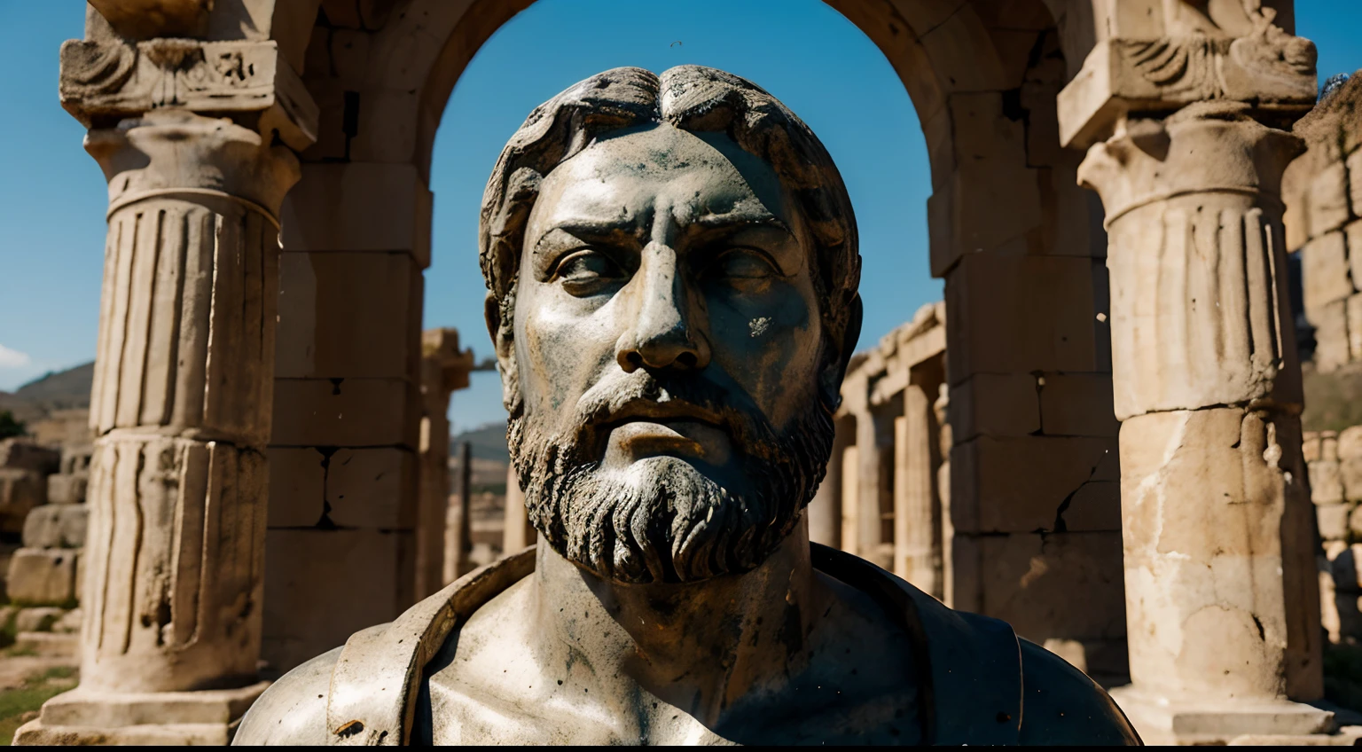 Ancient Stoic Statue With Very Angry Expression, tem barba, muitos detalhes em ambos os olhos, Outside, fundo atenas grego, open sky, com rosto extremamente detalhado full body view, Colors with low saturation with dark tone, Filmado em Sony A7S III com Sony FE 35mm f/1.8, 12.1 MP, --AR 3:2 --estilo cru