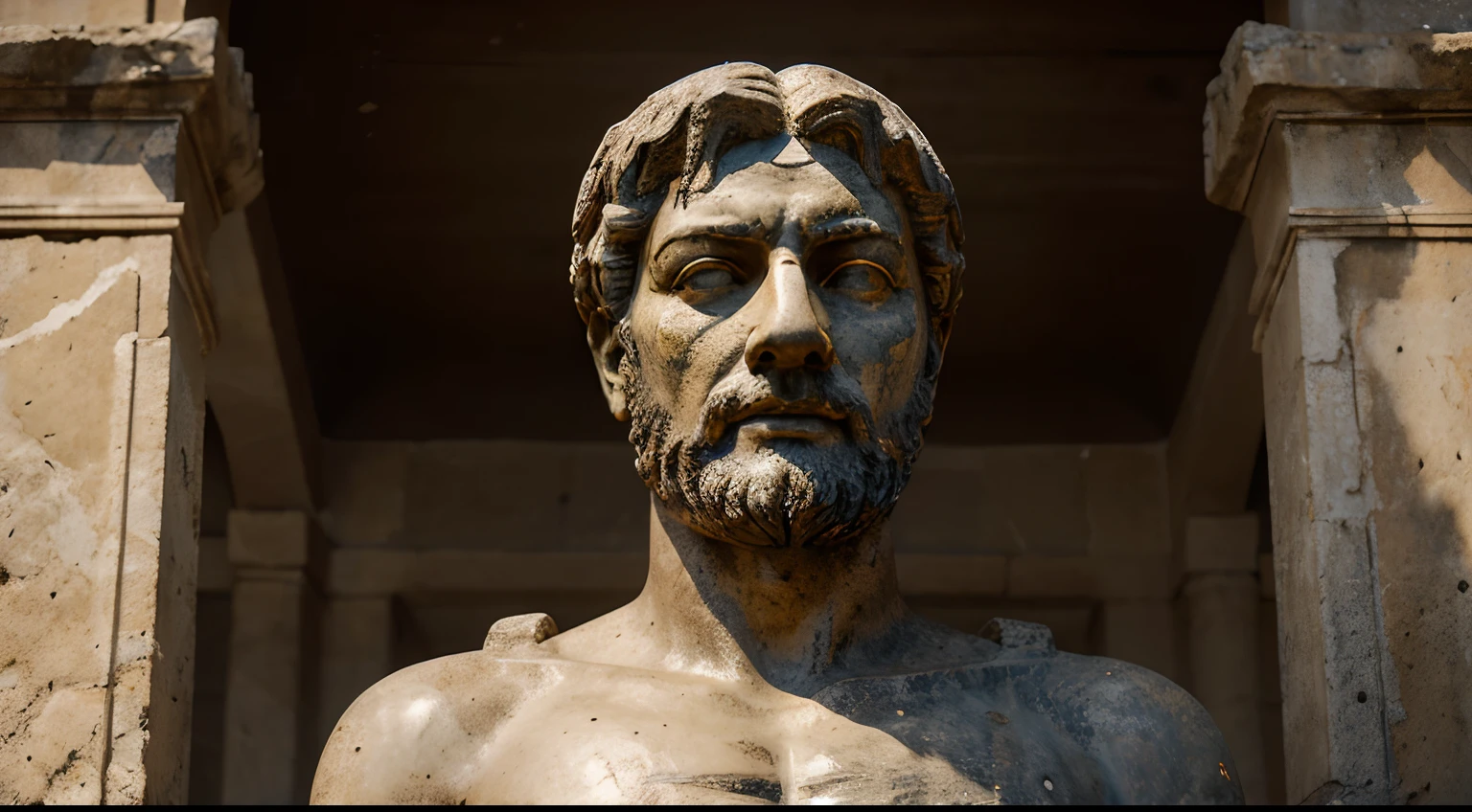 Ancient Stoic Statue With Very Angry Expression, tem barba, muitos detalhes em ambos os olhos, Outside, fundo atenas grego, open sky, com rosto extremamente detalhado full body view, Colors with low saturation with dark tone, Filmado em Sony A7S III com Sony FE 35mm f/1.8, 12.1 MP, --AR 3:2 --estilo cru