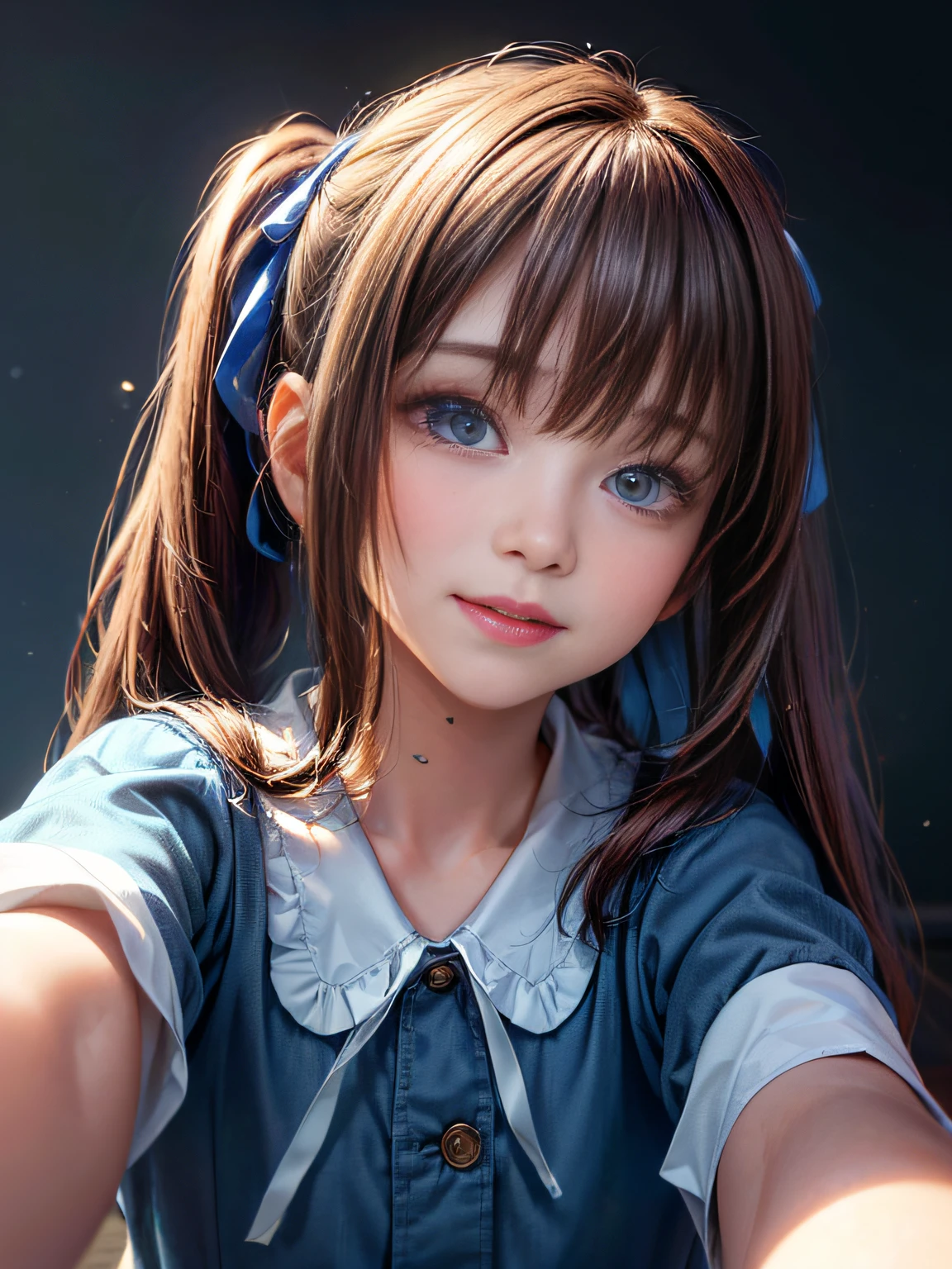 (Top image quality,4K,8K,Hi-Res,masuter piece:1.2),Ultra-fine,(realisitic,photoRealstic,Photorealsitic:1.37),portlate,illustratio,Clear background,Hair details,Face Details,Eyes in detail,Smiling smile,beautiful countenance,cute little、poneyTail,Brown hair,blue eyess,Large ribbon,Vibrant colors,Soft lighting, (((Reach out to your audience)))、
