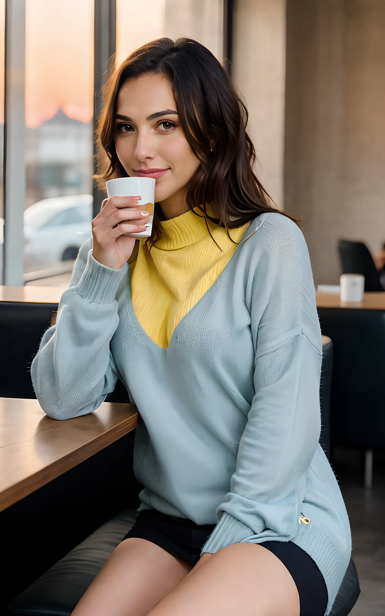 Cute beautiful blonde Gal Gadot with yellow sweater (Drinking coffee in a modern café at sunset), sehr detailliert, 14 Jahre alt, unschuldiges Gesicht, naturally wavy hair, blaue Augen, high-res, Meisterwerk, best qulaity, komplizierte Details, sehr detailliert, scharf Fokus, detaillierte Haut, realistische Hauttextur, Textur, detaillierte Augen, professionell, 4k, charming smile, aufgenommen mit Canon, 85 mm, light depth of field, Kodak Vision-Farbe, perfectly fitting body, extrem detailliert, Foto_\(ultra\), fotorealistisch, realistisch, Nachbearbeitung, maximale Details, Rauheit, echtes Leben, ultrarealistisch, Fotorealismus, Fotografie, 8k uhd, Fotografie