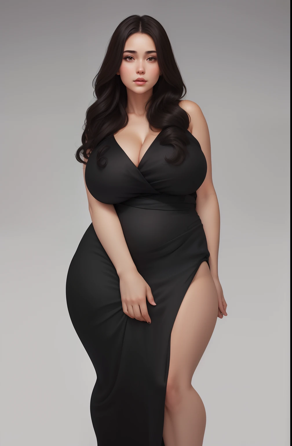 (best quality), big head, (1girl with gigantic breasts:1.3) Silk Black dress , Pretty dress, Elegant women , High Class , Classy , Luxury , Old Money , Curly , Ombre Brown Hair , Details , UHD , 8K , Ultra HD
