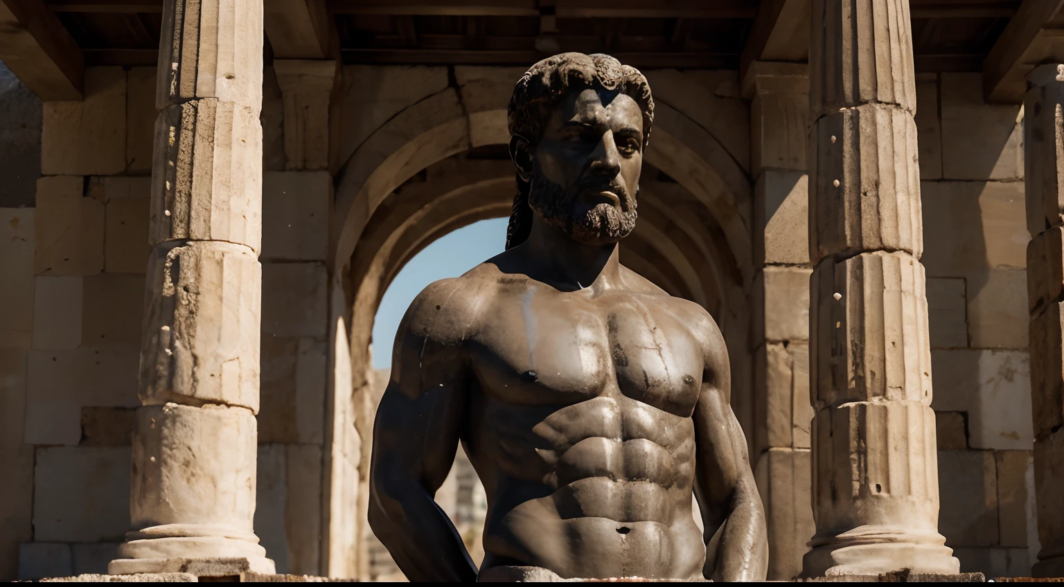 Ancient Stoic Statue With Very Angry Expression, tem barba, muitos detalhes em ambos os olhos, Outside, fundo atenas grego, open sky, com rosto extremamente detalhado full body view, Colors with low saturation with dark tone, Filmado em Sony A7S III com Sony FE 35mm f/1.8, 12.1 MP, --AR 3:2 --estilo cru