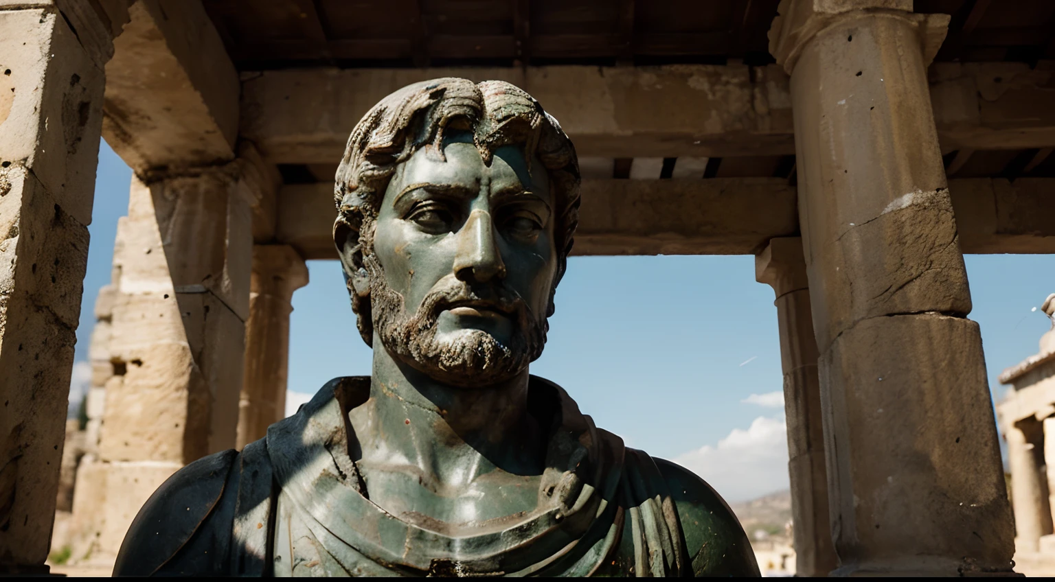 Ancient Stoic Statue With Very Angry Expression, tem barba, muitos detalhes em ambos os olhos, Outside, fundo atenas grego, open sky, com rosto extremamente detalhado full body view, Colors with low saturation with dark tone, Filmado em Sony A7S III com Sony FE 35mm f/1.8, 12.1 MP, --AR 3:2 --estilo cru