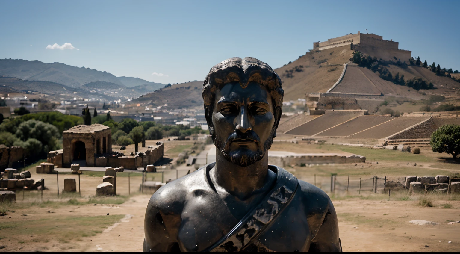 Ancient Stoic Statue With Very Angry Expression, tem barba, muitos detalhes em ambos os olhos, Outside, fundo atenas grego, open sky, com rosto extremamente detalhado full body view, Colors with low saturation with dark tone, Filmado em Sony A7S III com Sony FE 35mm f/1.8, 12.1 MP, --AR 3:2 --estilo cru