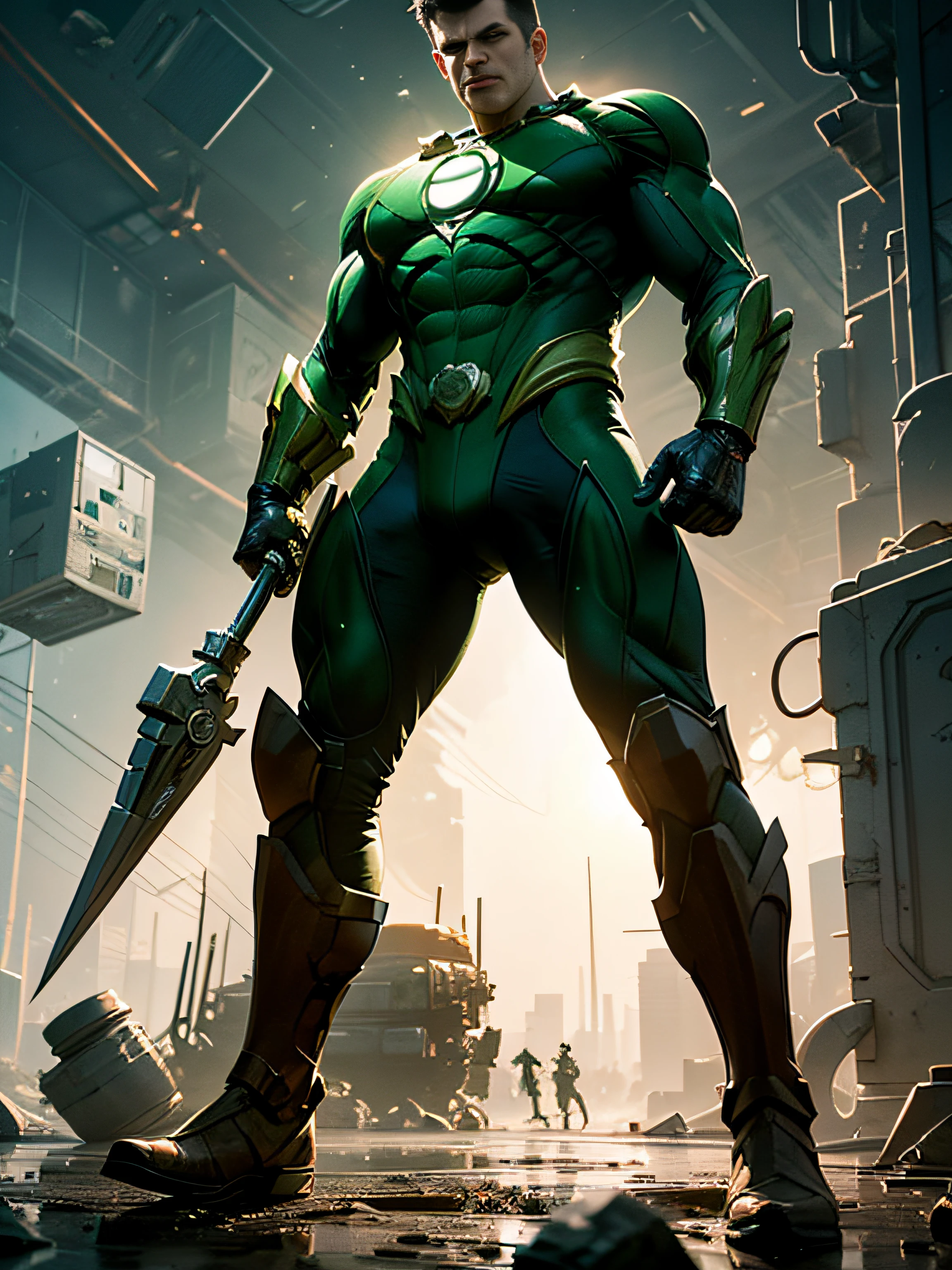 Dark living room background, no characters, Green Lantern concept art without any characters, Epic background design,Realistic CGI background