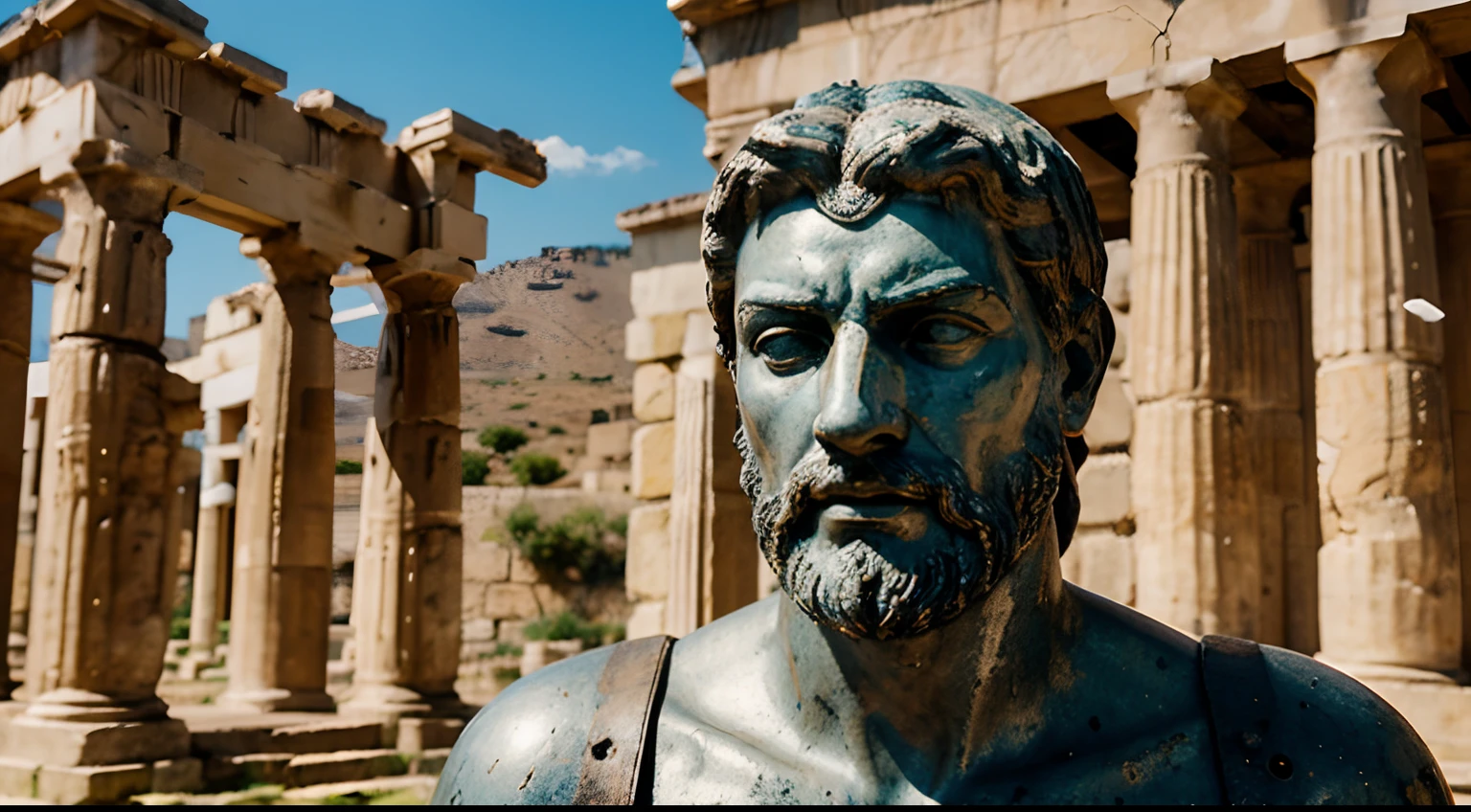 Ancient Stoic Statue With Very Angry Expression, tem barba, muitos detalhes em ambos os olhos, Outside, fundo atenas grego, open sky, com rosto extremamente detalhado full body view, Colors with low saturation with dark tone, Filmado em Sony A7S III com Sony FE 35mm f/1.8, 12.1 MP, --AR 3:2 --estilo cru