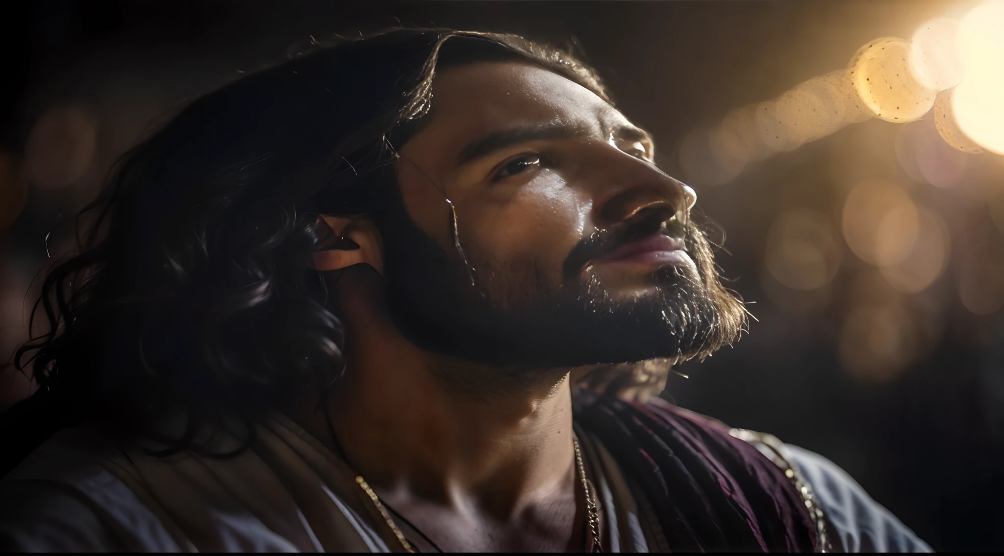 Retrato moderno de Jesus, FOTO FRONTAL, he told his disciples, cinematic lighthing, profundidade de campo, Bokeh, Realismo, fotorrealista, hiper-realismo, fotografia profissional, UHD, DSLR, HDR