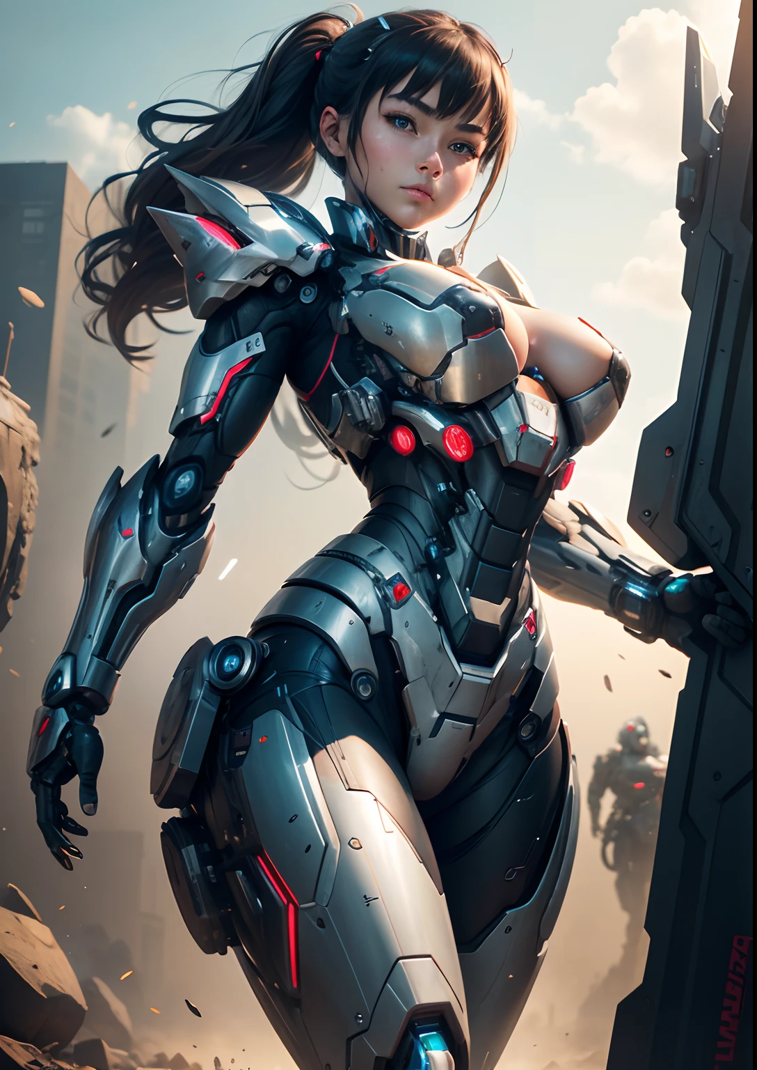 Textured skin, Super Detail, high details, High quality, Best Quality, hight resolution, 1080p, hard disk, Beautiful,(War Machine),beautiful cyborg woman,Mecha Cyborg Girl,Battle Mode,Girl with a Mecha Body,She wears a futuristic war machine weapon mech,Fulll body Shot