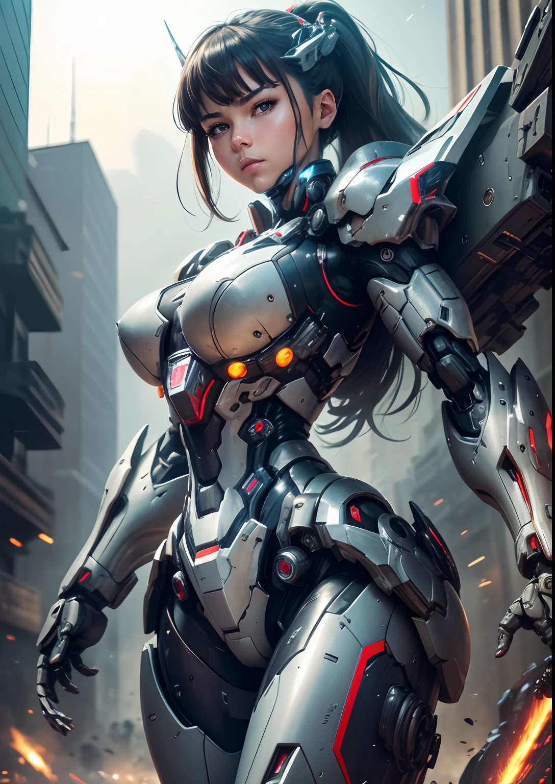 A woman in a futuristic suit standing in front of a city - SeaArt AI