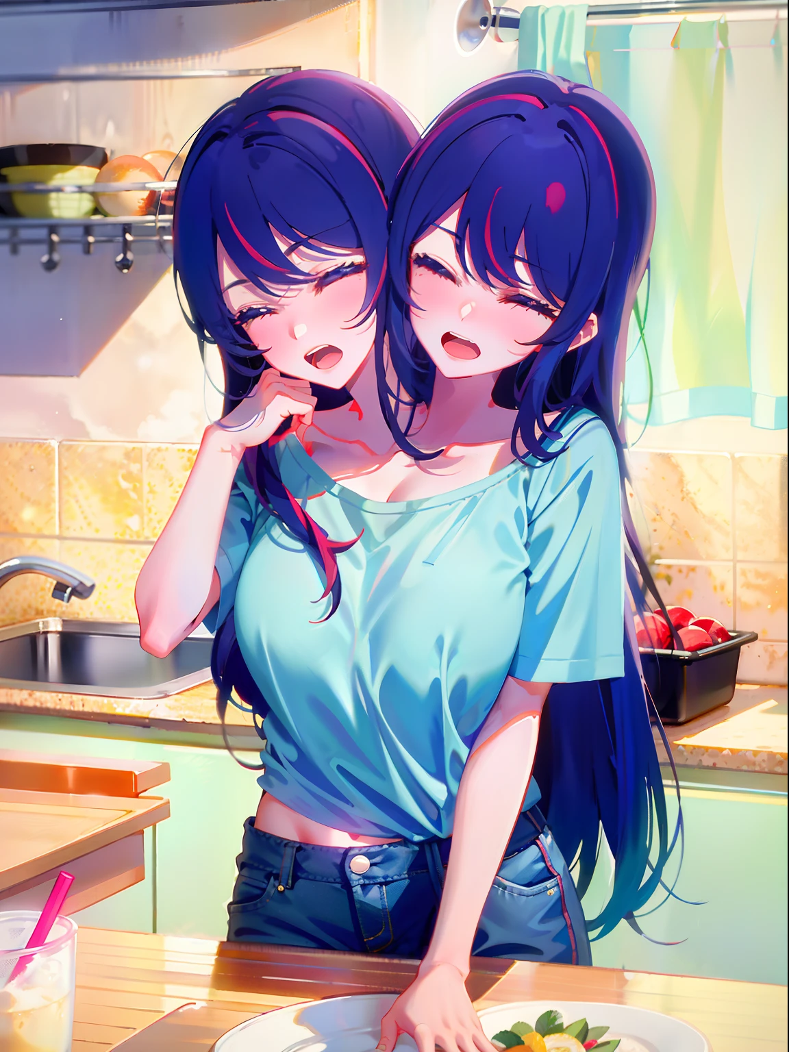 (masterpiece, best quality), best resolution, (3heads:1.5), 1girl, hoshino ai character, weary, headache, hangover, one head kissing another, heads tilted in towards each other, in pain, dizzy, extremely long purple hair, hair reaching the floor, hair wider than body, hair underdye, purple eyes, one eye closed, all other eyes open, open mouth, light blue t-shirt, tan pants, hand on forehead, apartment kitchen