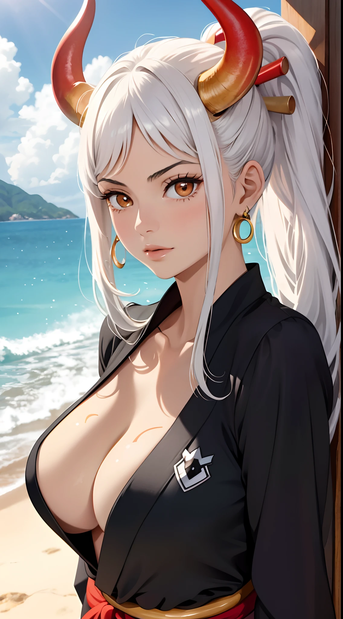 Masterpiece, Best quality, 1womanl, A high resolution,  Beautiful girl ,  yamatowanpi，Large breasts，cleavage，looks into camera，Bust photo，Raised sexy，Be red in the face，Sea background