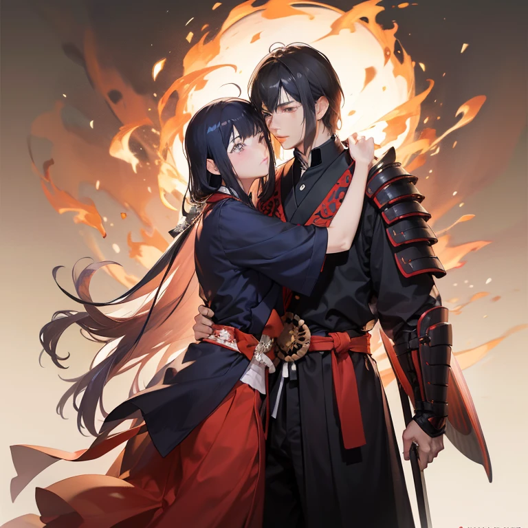 a couple, Oda Nobunaga, Samurai Man, Samurai Suit, Samurai armor,Nohime Black Long Hair, hug, background on fire, The background is a temple,Hot love