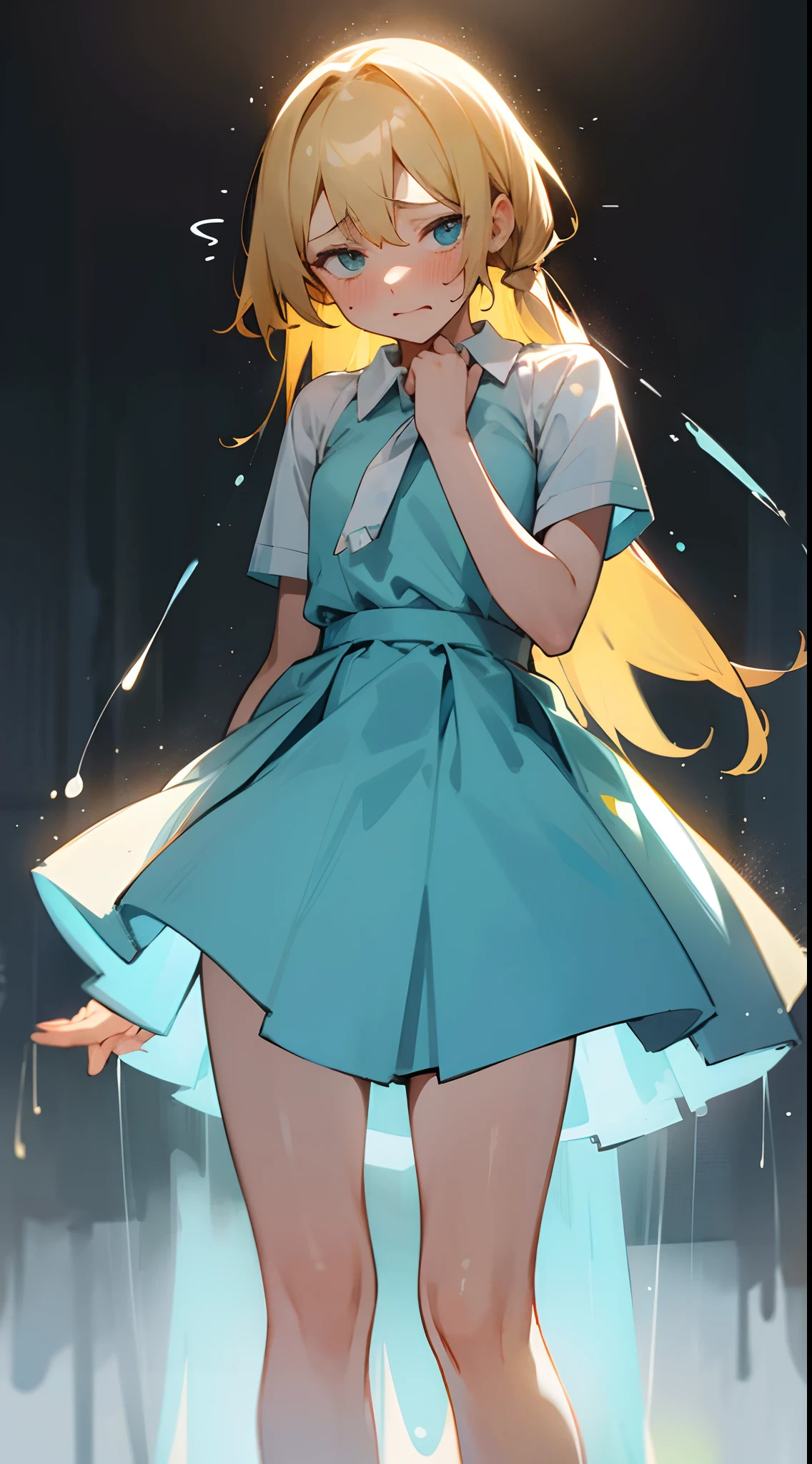 girl leaking urine, Light blue dress, standing up, Shyness and embarrassment Sweating profusely Covering the crotch with one hand, ultra defined,