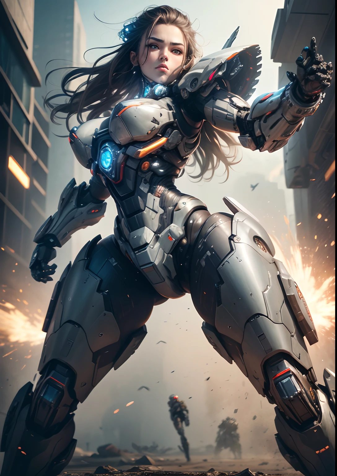 Textured skin, Super Detail, high details, High quality, Best Quality, hight resolution, 1080p, hard disk, Beautiful,(War Machine),beautiful cyborg woman,Mecha Cyborg Girl,Battle Mode,Girl with a Mecha Body,She wears a futuristic war machine weapon mech,Fulll body Shot