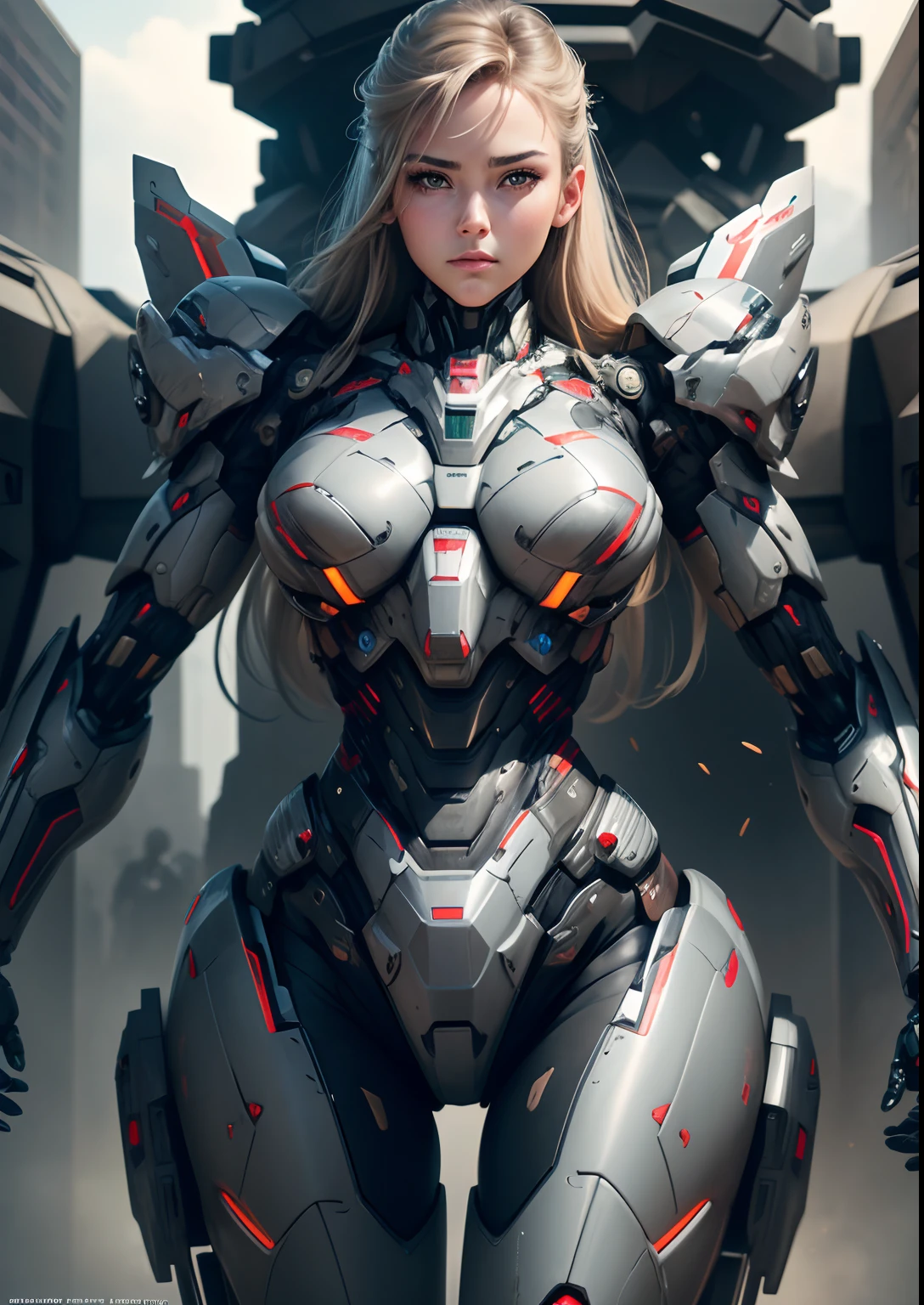 Textured skin, Super Detail, high details, High quality, Best Quality, hight resolution, 1080p, hard disk, Beautiful,(War Machine),beautiful cyborg woman,Mecha Cyborg Girl,Battle Mode,Girl with a Mecha Body,She wears a futuristic war machine weapon mech,Fulll body Shot