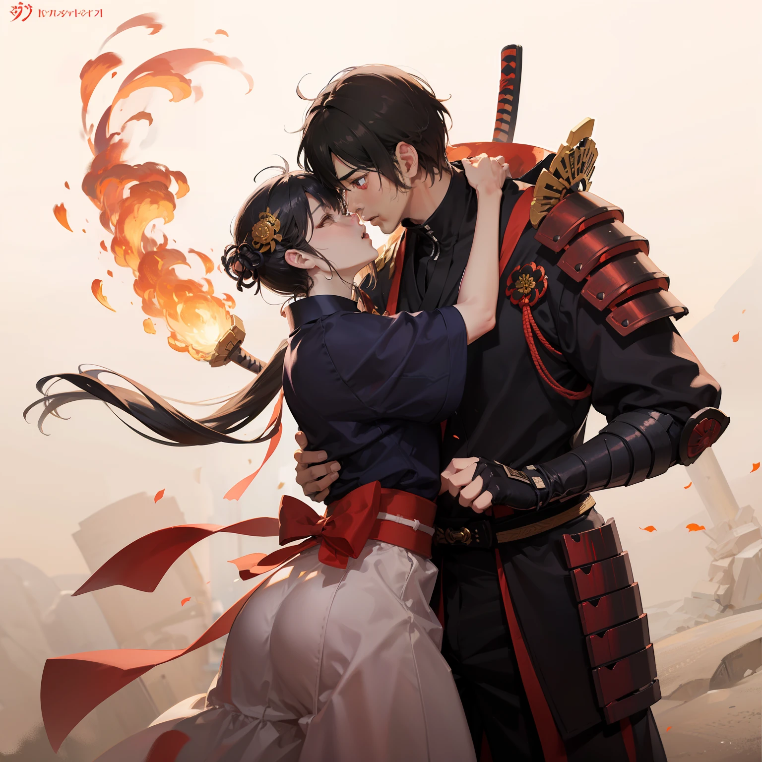 a couple, Oda Nobunaga, Samurai Man, Samurai Suit, Samurai armor,Nohime Black Long Hair, hug, background on fire, The background is a temple,Hot love