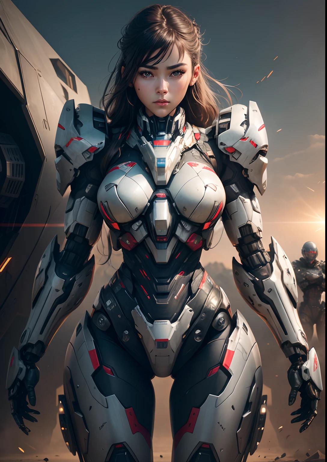 Textured skin, Super Detail, high details, High quality, Best Quality, hight resolution, 1080p, hard disk, Beautiful,(War Machine),beautiful cyborg woman,Mecha Cyborg Girl,Battle Mode,Girl with a Mecha Body,She wears a futuristic war machine weapon mech,Fulll body Shot
