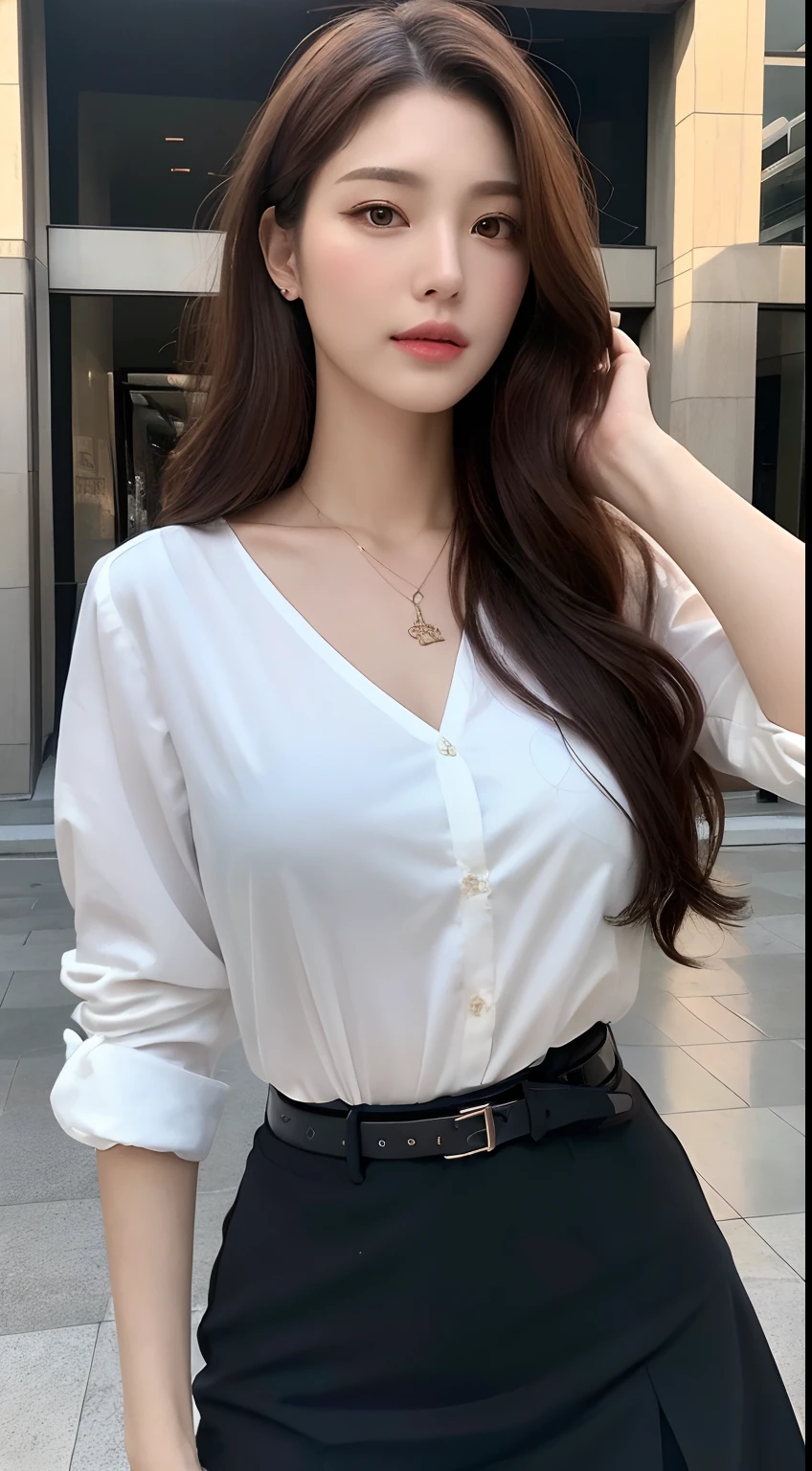 (Best quality, High resolution, Masterpiece :1.3), A tall and pretty woman, Slender abs, Dark brown hair styled in loose waves, Breasts, Wearing pendant, White button up shirt, Belt, Black skirt, (Modern architecture in background), Details exquisitely rendered in the face and skin texture, Detailed eyes, Double eyelid