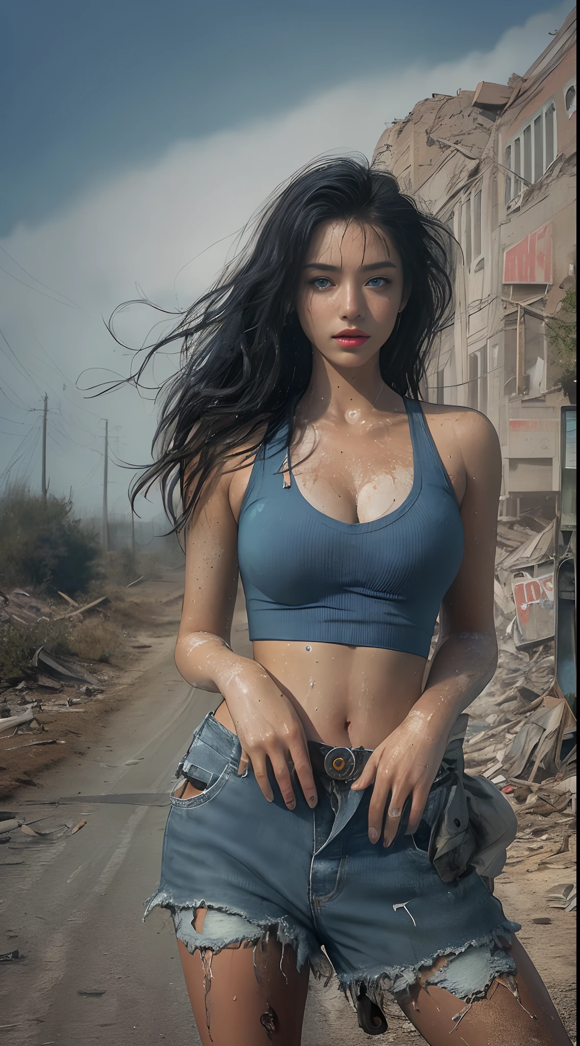 Yael Shelbia (beautiful and bold, seductive and attractive, blue eyes, pointed breasts, long curly black hair, sweaty body, open shirt, short shorts, boot, short glove, thick legs). (deserted road, dirt road, smoke, abandoned cars, newspapers, abandoned objects, bodies lying on the ground, abandoned road, apocalyptic scenery, cinematic effect), (Best quality, masterpiece, depth of field, Full HD, 4K, richness of detail). Portrait style