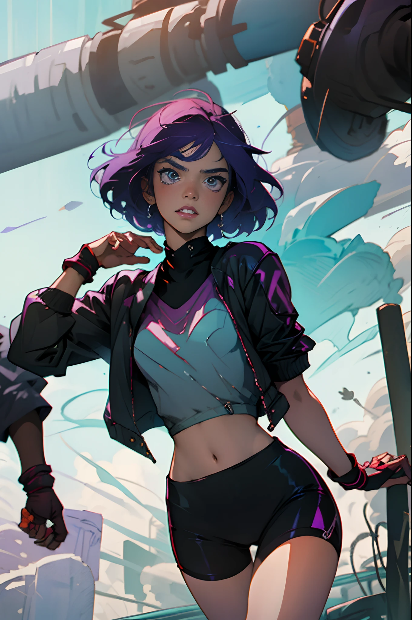 Scarlet haired anime girl, with purple jacket, black biker shorts and red tank top