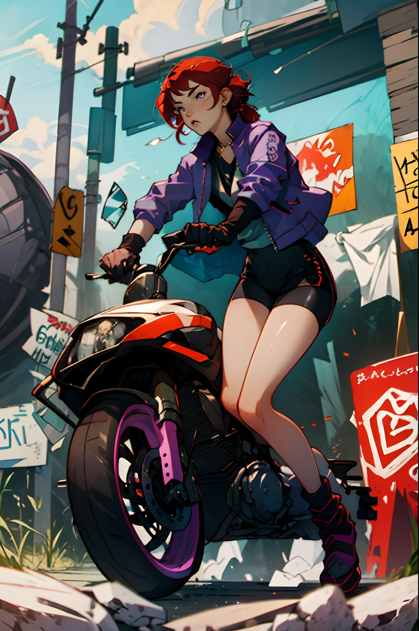 Scarlet haired anime girl, with purple jacket, black biker shorts and red tank top