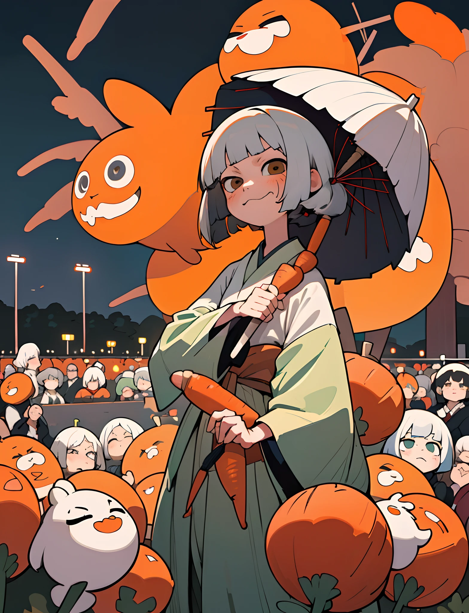 masterpiece, best quality, surrounded, multiple others, exhibitionism, audience, background characters, crowd, public humiliation, night, highres, Japanese, , mesugaki, bob cut, twintails, carrot hair ornament, medium hair, white hair, smug, naughty_face,