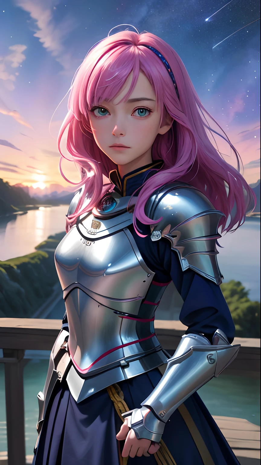 Majestic Knight, Incredibly colorful skies, Dreams, Visible Stars, ((masutepiece)), Best Quality, (8K, Best Quality, masutepiece:1.2), Super Detail, The girl on the other side of the bridge over the river, Looking out over the sky, (A hyper-realistic, Best Quality, masutepiece, Perfect face)