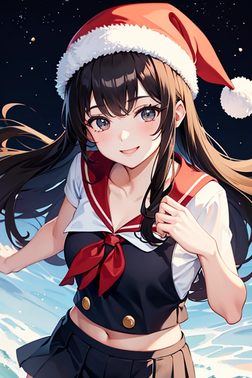 Smiling dark-haired girl in a sailor suit wearing a Santa Claus hat