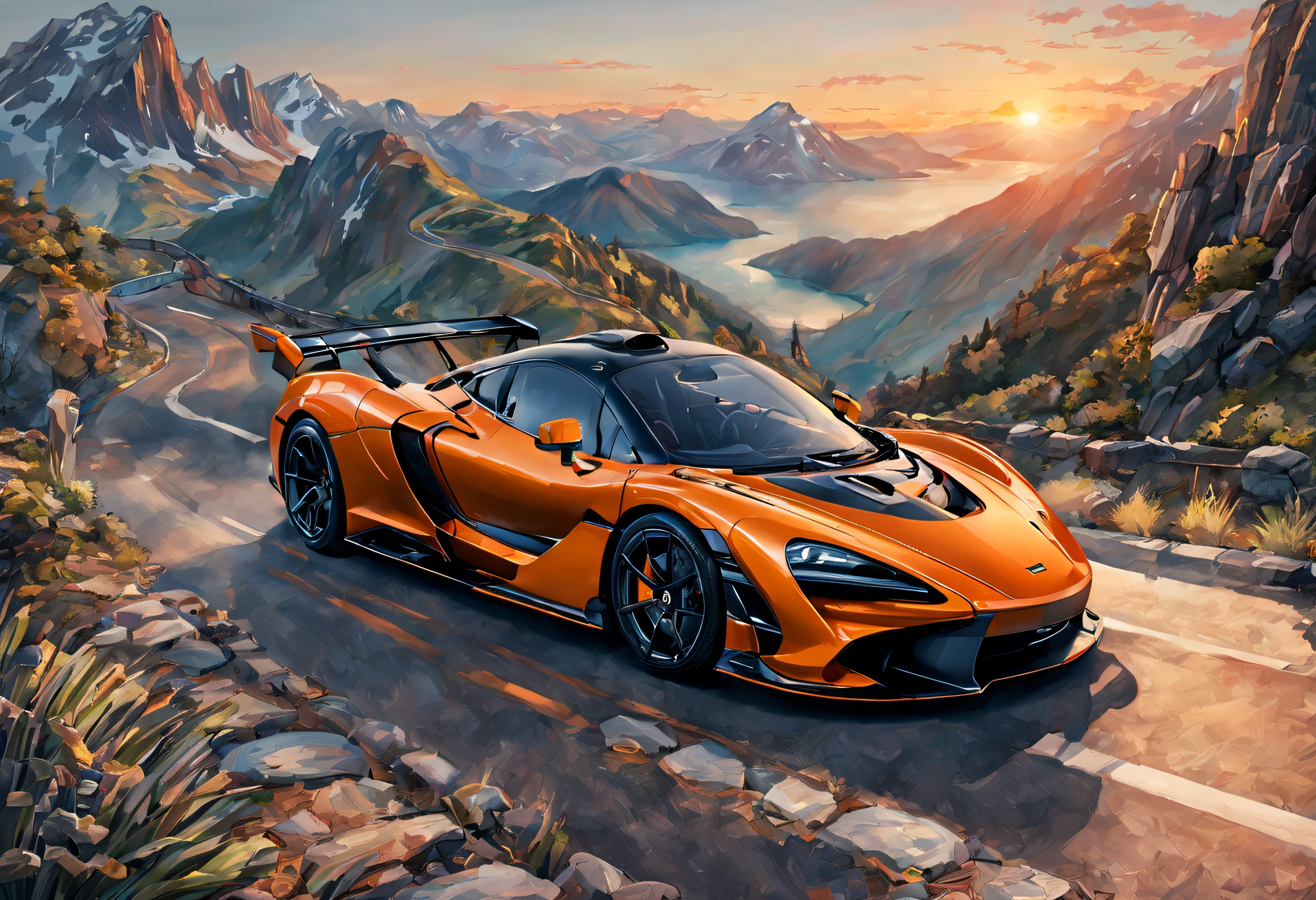 (best quality,highres,masterpiece:1.2),ultra-detailed,realistic,photorealistic:1.37,illustration,[McLaren Senna], Mountainous landscape, sunset, fast, plenty of détails, distant view