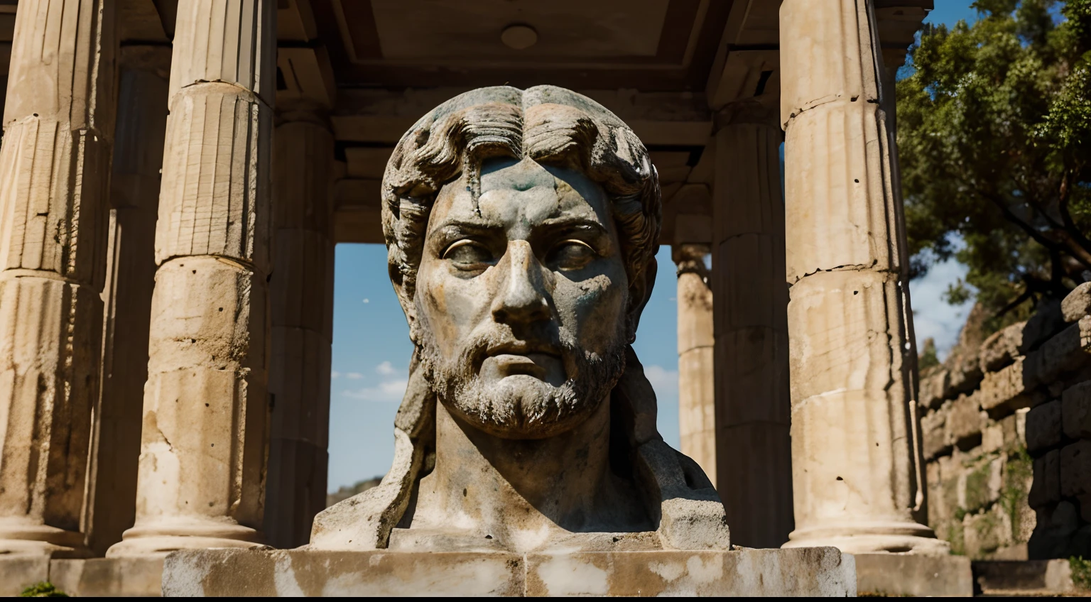 Ancient Stoic Statue With Very Angry Expression, tem barba, muitos detalhes em ambos os olhos, Outside, fundo atenas grego, open sky, com rosto extremamente detalhado full body view, Colors with low saturation with dark tone, Filmado em Sony A7S III com Sony FE 35mm f/1.8, 12.1 MP, --AR 3:2 --estilo cru