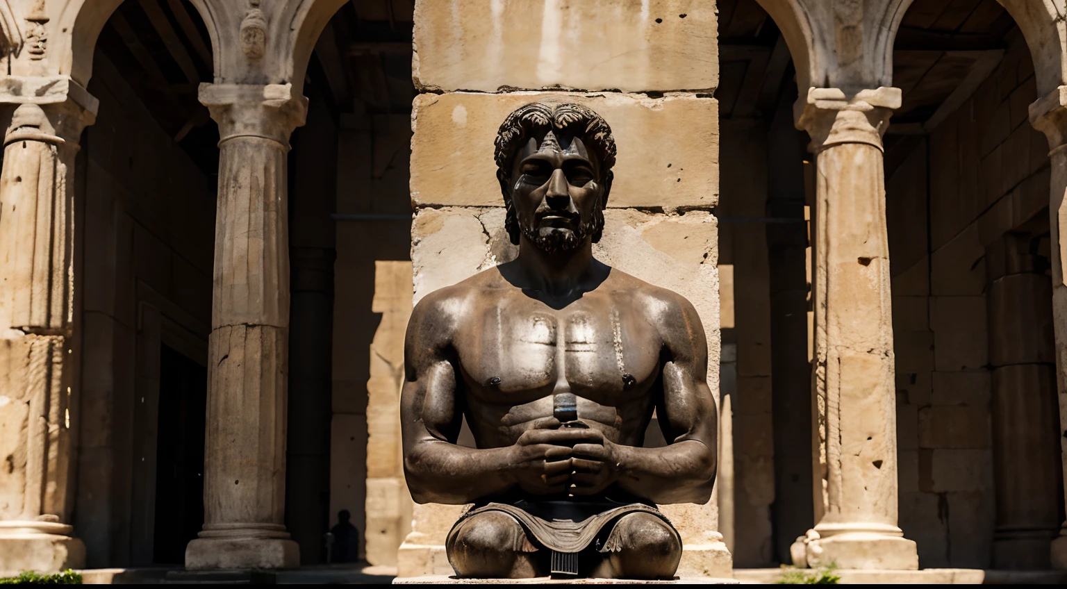 Ancient Stoic Statue With Very Angry Expression, tem barba, muitos detalhes em ambos os olhos, Outside, fundo atenas grego, open sky, com rosto extremamente detalhado full body view, Colors with low saturation with dark tone, Filmado em Sony A7S III com Sony FE 35mm f/1.8, 12.1 MP, --AR 3:2 --estilo cru