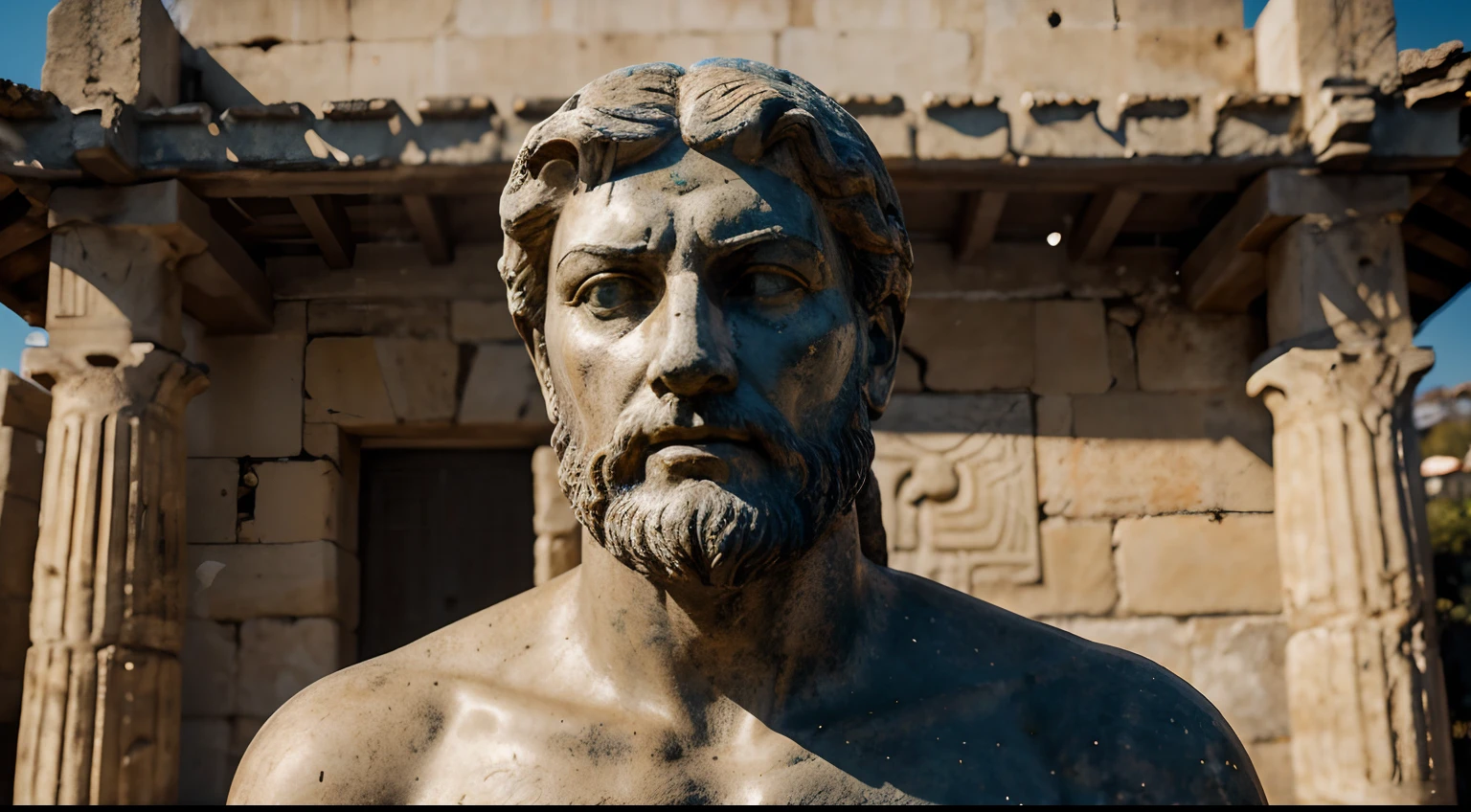 Ancient Stoic Statue With Very Angry Expression, tem barba, muitos detalhes em ambos os olhos, Outside, fundo atenas grego, open sky, com rosto extremamente detalhado full body view, Colors with low saturation with dark tone, Filmado em Sony A7S III com Sony FE 35mm f/1.8, 12.1 MP, --AR 3:2 --estilo cru