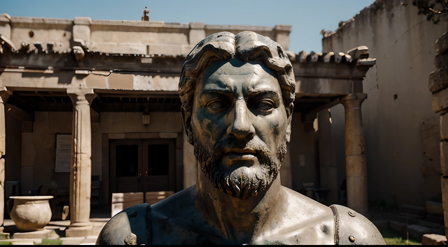 Ancient Stoic Statue With Very Angry Expression, tem barba, muitos detalhes em ambos os olhos, Outside, fundo atenas grego, open sky, com rosto extremamente detalhado full body view, Colors with low saturation with dark tone, Filmado em Sony A7S III com Sony FE 35mm f/1.8, 12.1 MP, --AR 3:2 --estilo cru