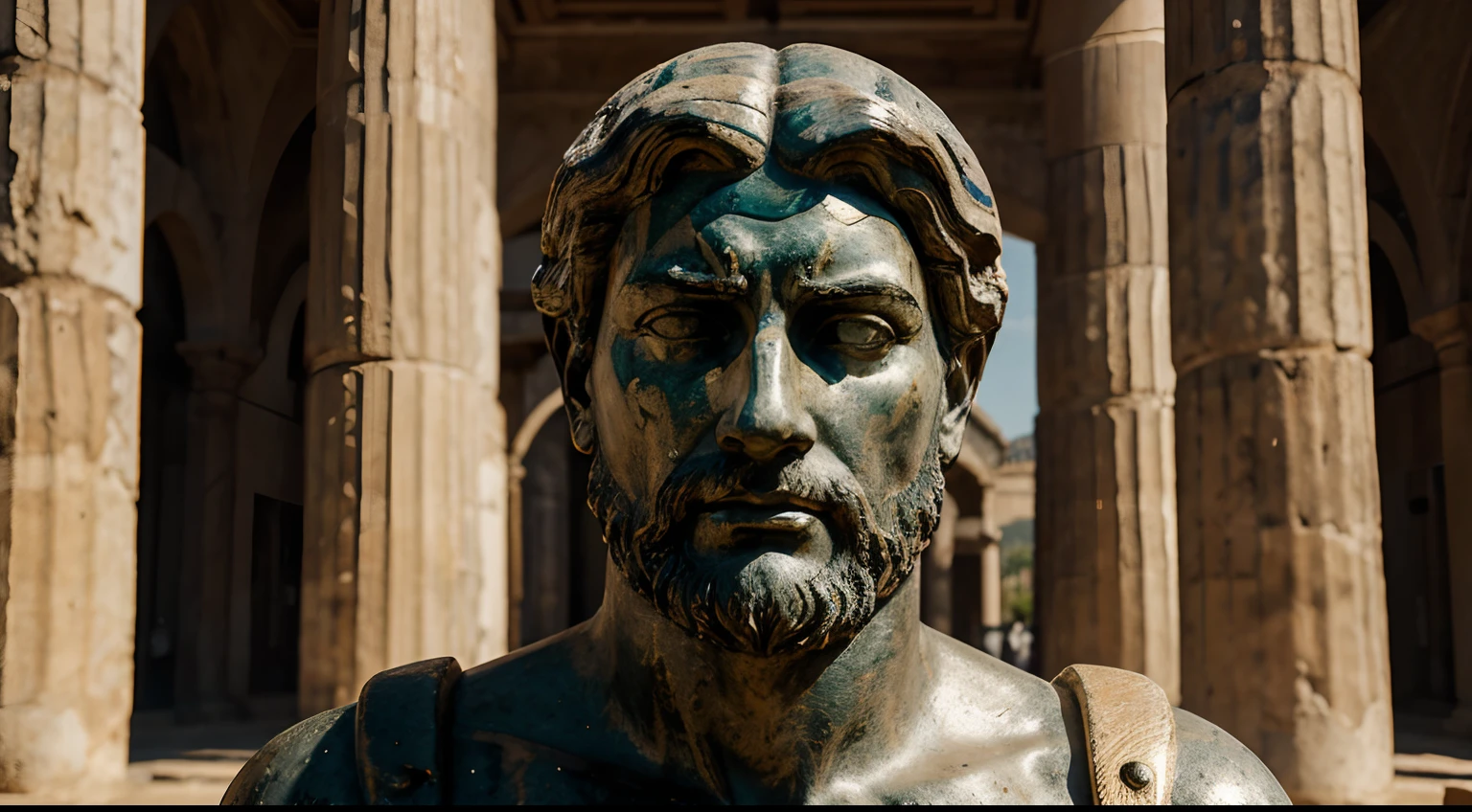 Ancient Stoic Statue With Very Angry Expression, tem barba, muitos detalhes em ambos os olhos, Outside, fundo atenas grego, open sky, com rosto extremamente detalhado full body view, Colors with low saturation with dark tone, Filmado em Sony A7S III com Sony FE 35mm f/1.8, 12.1 MP, --AR 3:2 --estilo cru