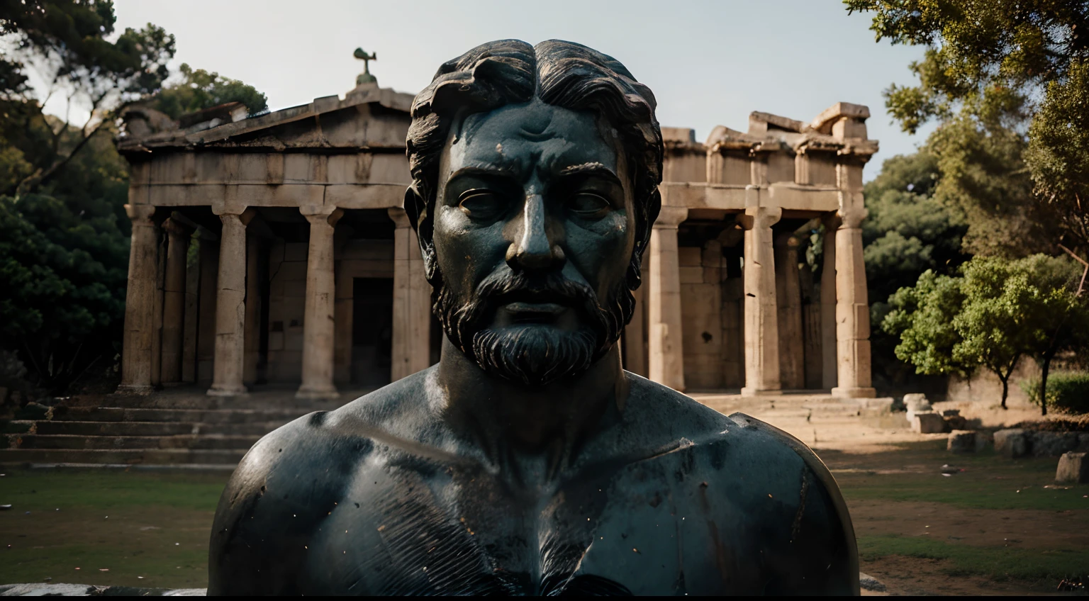 Ancient Stoic Statue With Very Angry Expression, tem barba, muitos detalhes em ambos os olhos, Outside, fundo atenas grego, open sky, com rosto extremamente detalhado full body view, Colors with low saturation with dark tone, Filmado em Sony A7S III com Sony FE 35mm f/1.8, 12.1 MP, --AR 3:2 --estilo cru
