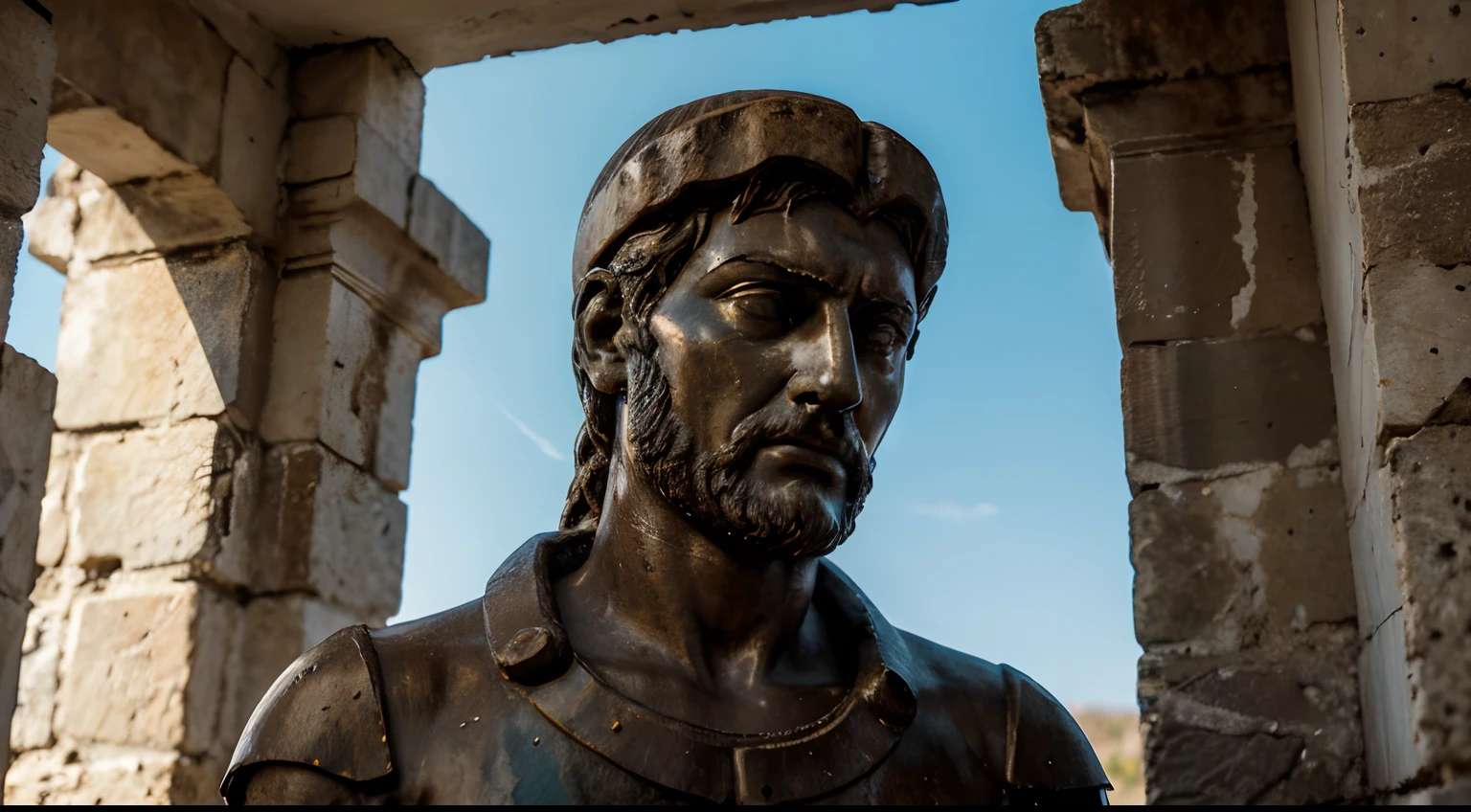 Ancient Stoic Statue With Very Angry Expression, tem barba, muitos detalhes em ambos os olhos, Outside, fundo atenas grego, open sky, com rosto extremamente detalhado full body view, Colors with low saturation with dark tone, Filmado em Sony A7S III com Sony FE 35mm f/1.8, 12.1 MP, --AR 3:2 --estilo cru