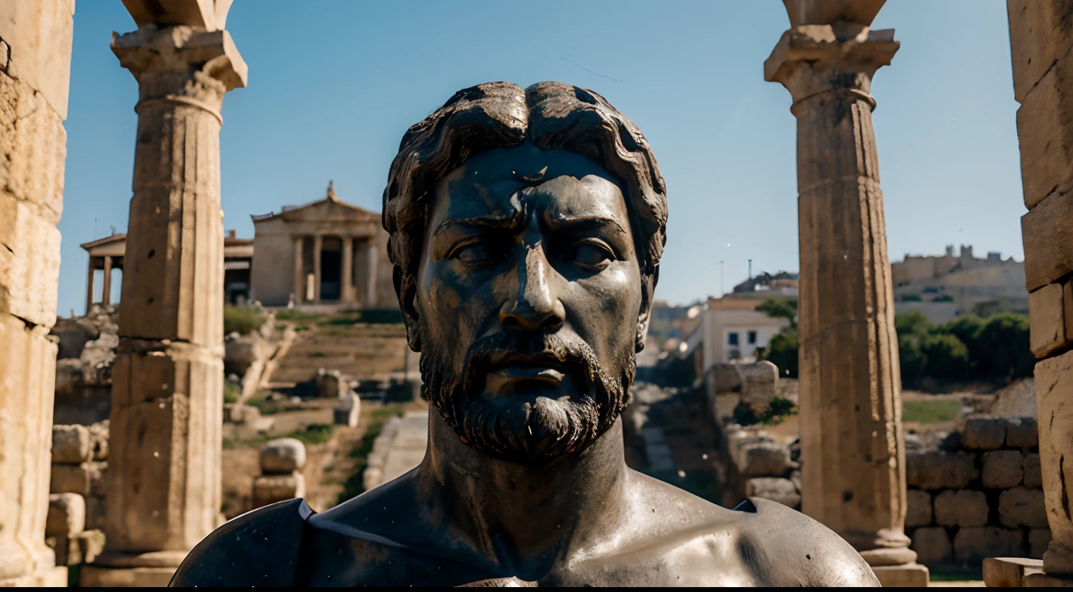 Ancient Stoic Statue With Very Angry Expression, tem barba, muitos detalhes em ambos os olhos, Outside, fundo atenas grego, open sky, com rosto extremamente detalhado full body view, Colors with low saturation with dark tone, Filmado em Sony A7S III com Sony FE 35mm f/1.8, 12.1 MP, --AR 3:2 --estilo cru