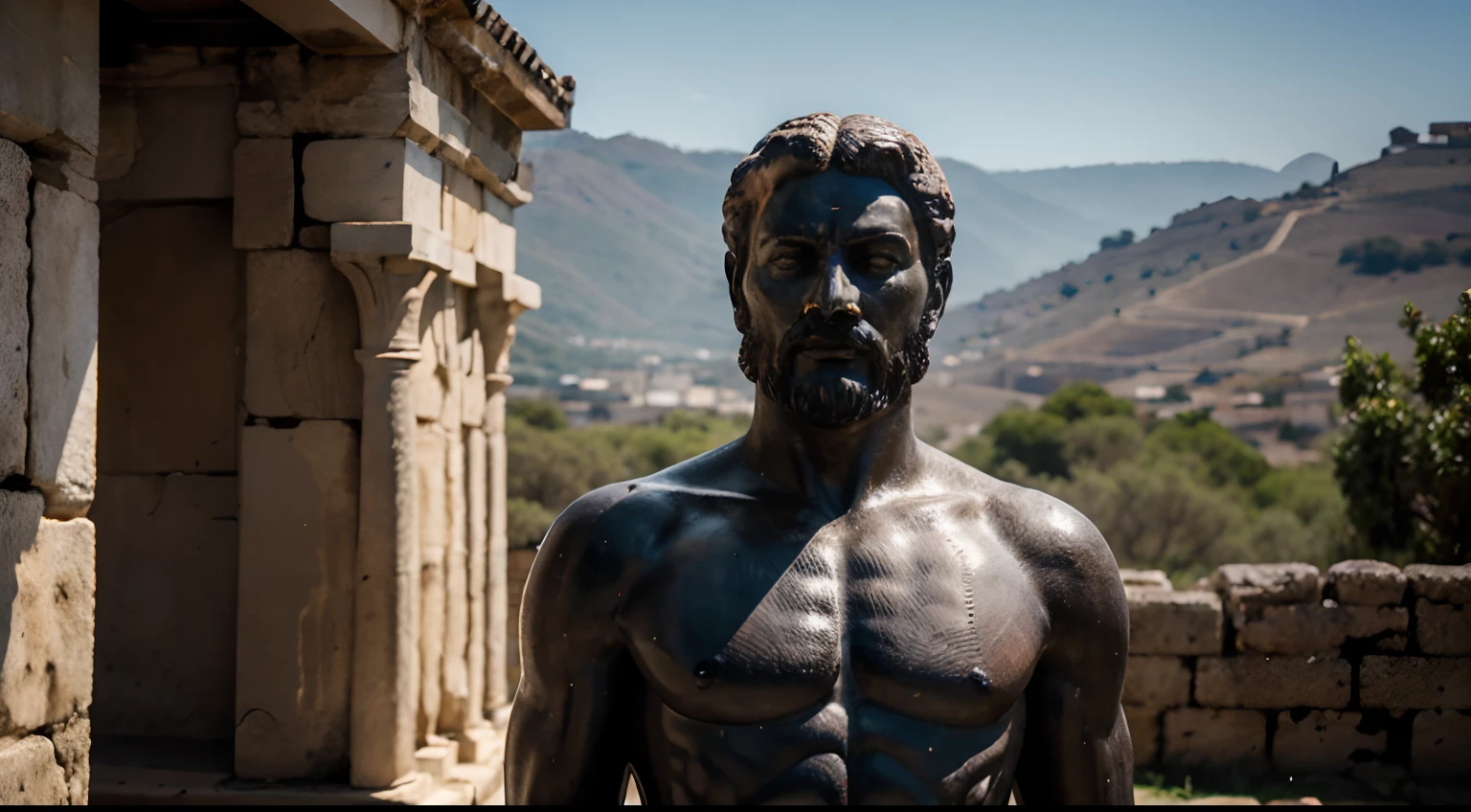 Ancient Stoic Statue With Very Angry Expression, tem barba, muitos detalhes em ambos os olhos, Outside, fundo atenas grego, open sky, com rosto extremamente detalhado full body view, Colors with low saturation with dark tone, Filmado em Sony A7S III com Sony FE 35mm f/1.8, 12.1 MP, --AR 3:2 --estilo cru