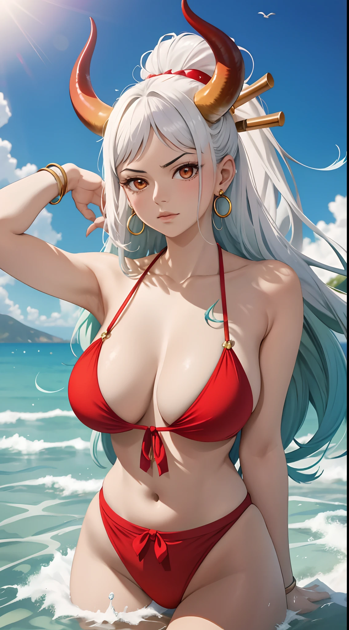 Masterpiece, Best quality, 1womanl, A high resolution,  Beautiful girl ,  yamatowanpi，Large breasts，cleavage，looks into camera，Bust photo，Raised sexy，Be red in the face，Sea background