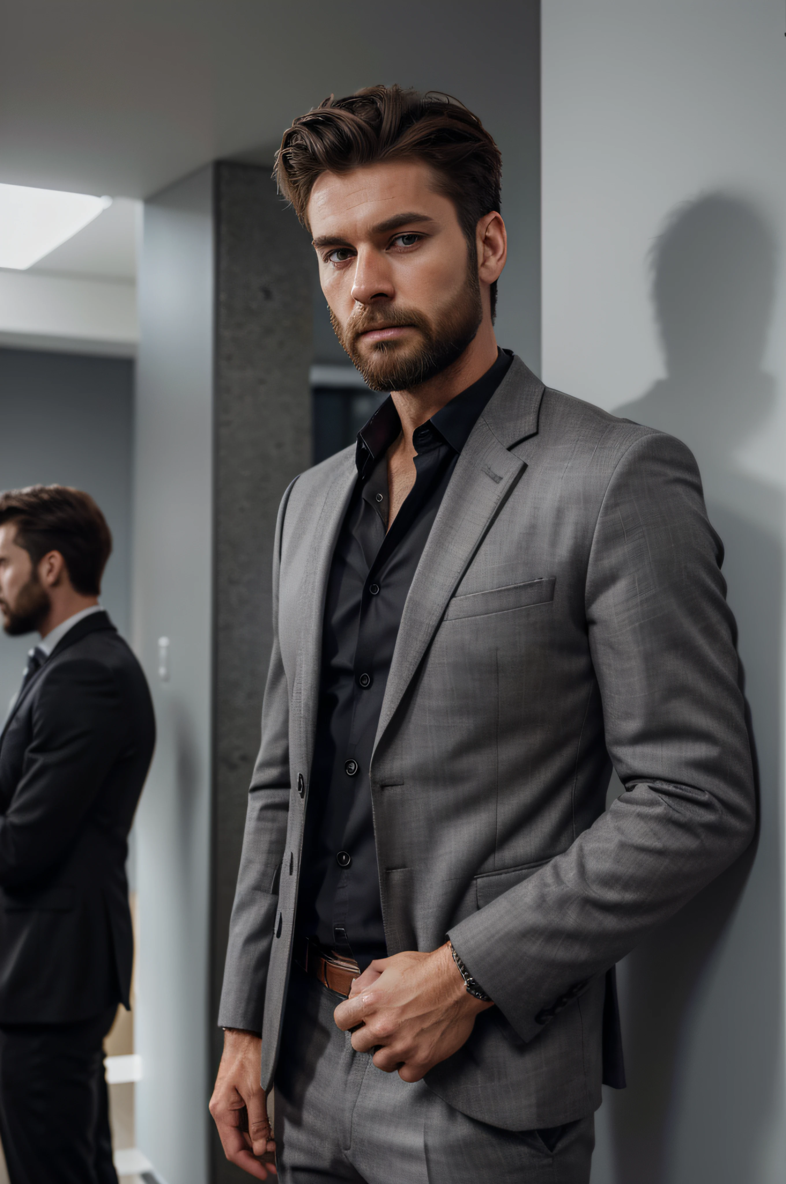 30 years handsome man, extremely masculine, beard, RAW photo, brown hair, quiff hairstyle, black office shirt, grey plain suit (slim fit), high detail face, direct look, high detail hands, high detail eyes, white skin, ultrarealistic, full posture photo, Nikon, dark shot