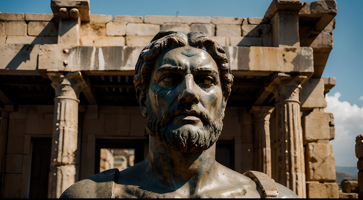 Ancient Stoic Statue With Very Angry Expression, tem barba, muitos detalhes em ambos os olhos, Outside, fundo atenas grego, open sky, com rosto extremamente detalhado full body view, Colors with low saturation with dark tone, Filmado em Sony A7S III com Sony FE 35mm f/1.8, 12.1 MP, --AR 3:2 --estilo cru