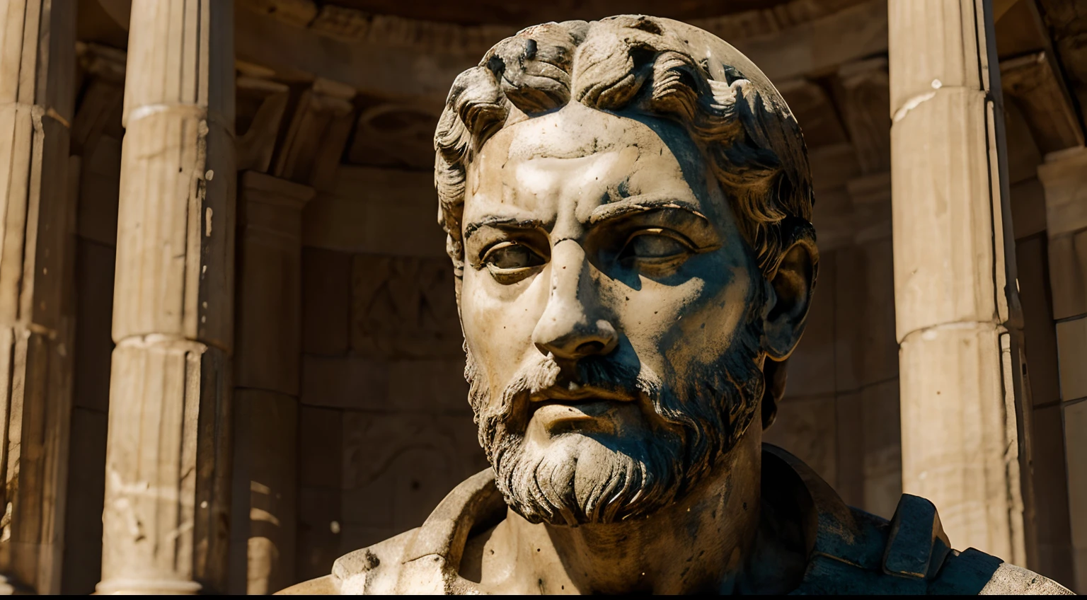 Ancient Stoic Statue With Very Angry Expression, tem barba, muitos detalhes em ambos os olhos, Outside, fundo atenas grego, open sky, com rosto extremamente detalhado full body view, Colors with low saturation with dark tone, Filmado em Sony A7S III com Sony FE 35mm f/1.8, 12.1 MP, --AR 3:2 --estilo cru